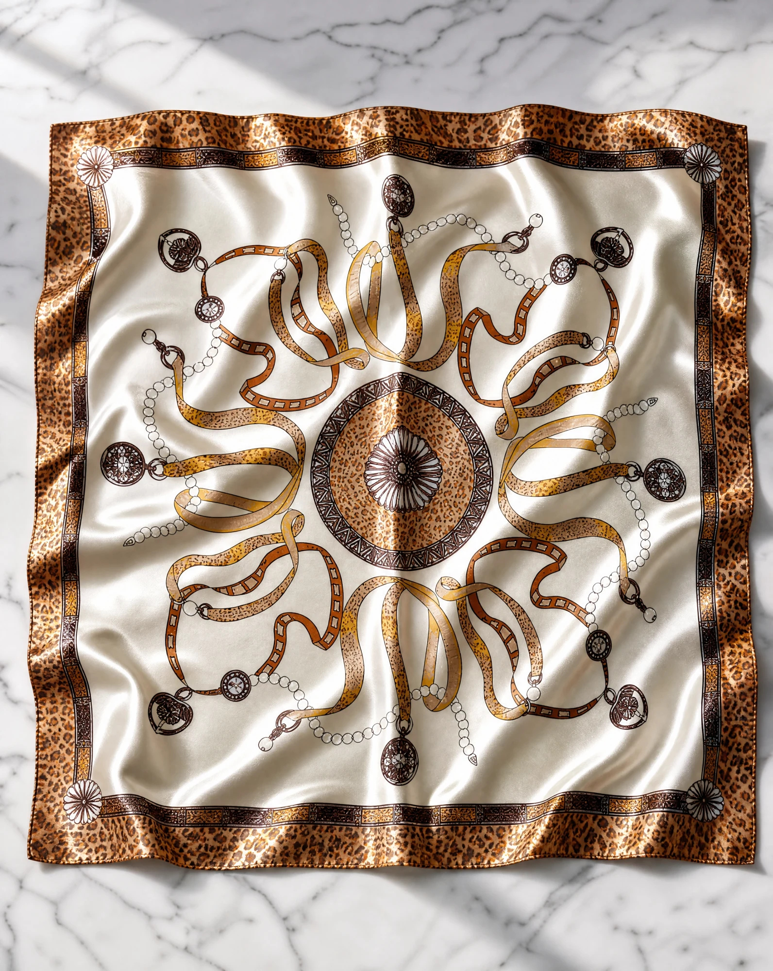 The Belt & Chain Leopard Cream Silk Foulard Scarf — Ivory Cream Camel & Leopard Belt-and-Ch — accessories — VAUDRE numbered luxury