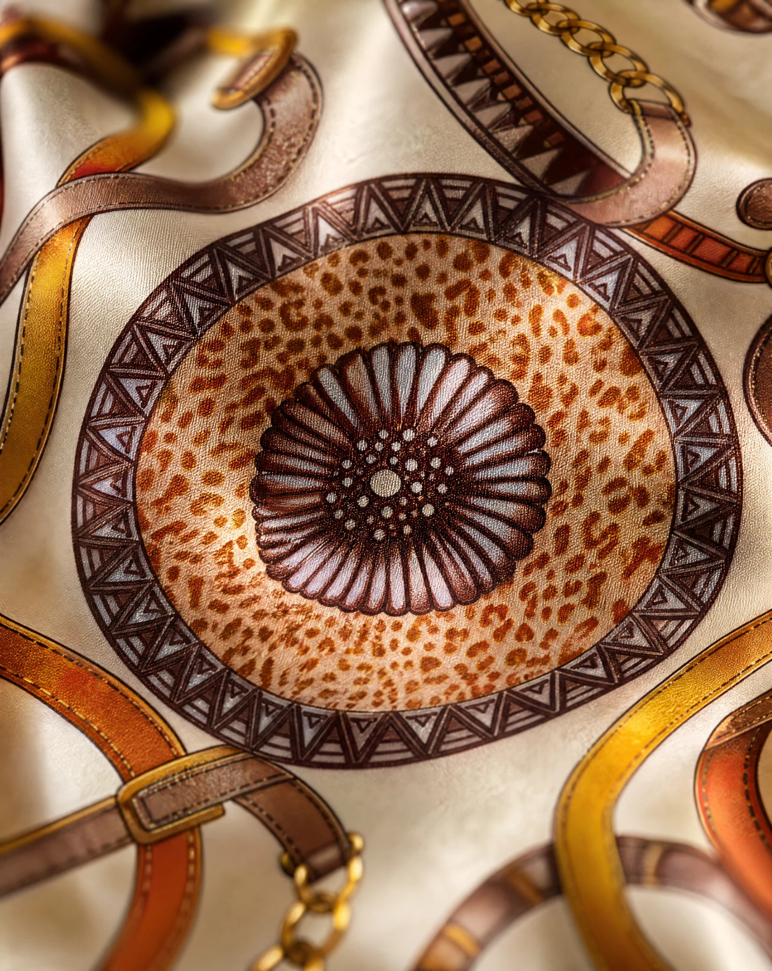 The Belt & Chain Leopard Cream Silk Foulard Scarf — Ivory Cream Camel & Leopard Belt-and-Ch — accessories — VAUDRE numbered luxury — view 5