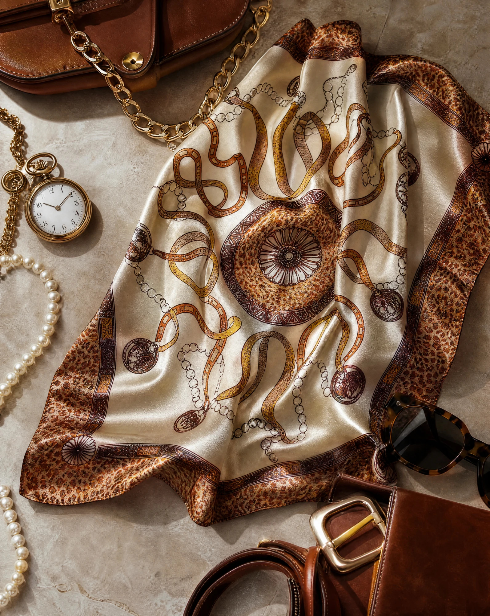 The Belt & Chain Leopard Cream Silk Foulard Scarf — Ivory Cream Camel & Leopard Belt-and-Ch — accessories — VAUDRE numbered luxury — view 4