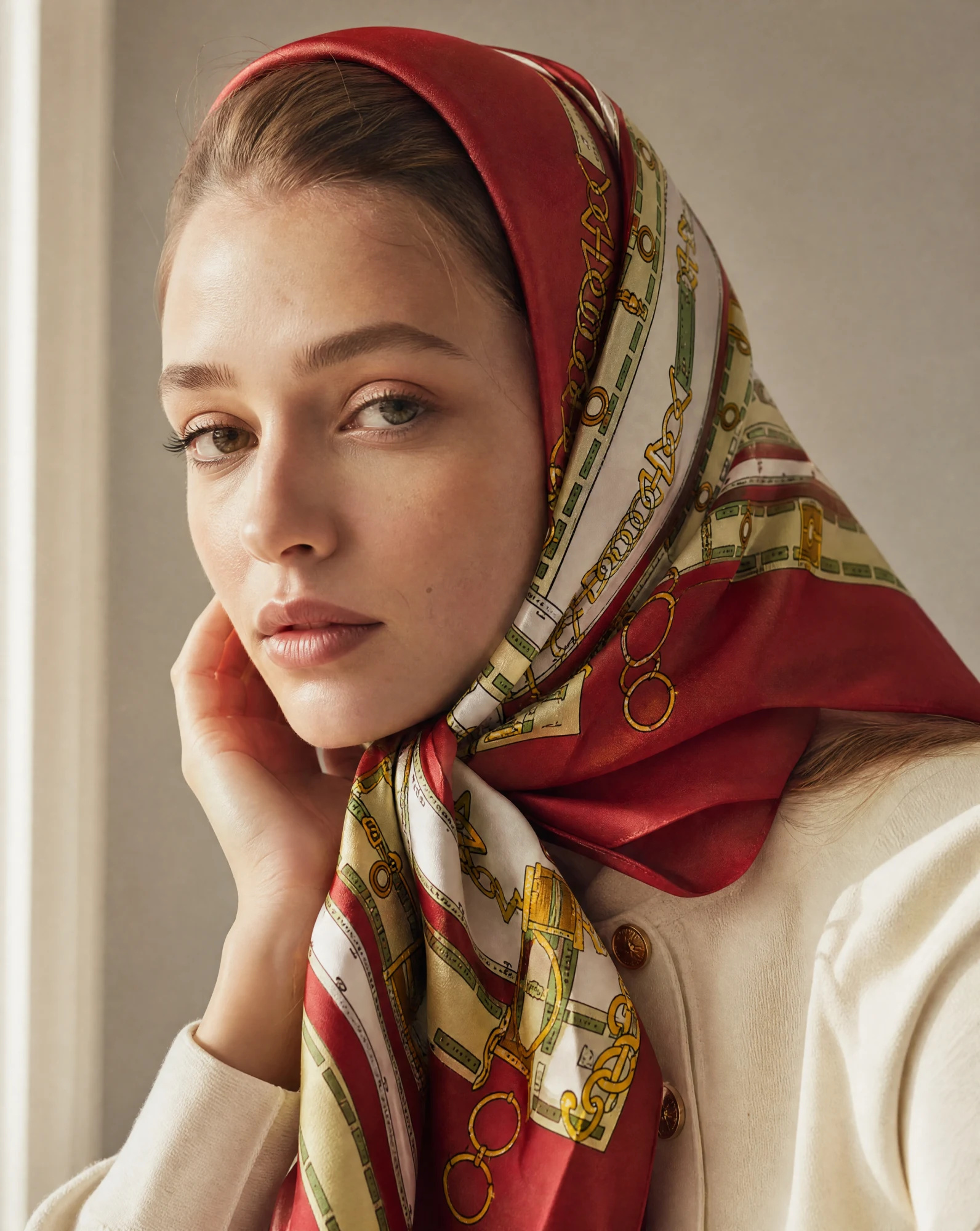 The Cavalier Bridle Red Silk Twill Scarf — Rich Red Ivory & Green Bridle Frame — accessories — VAUDRE numbered luxury — view 2