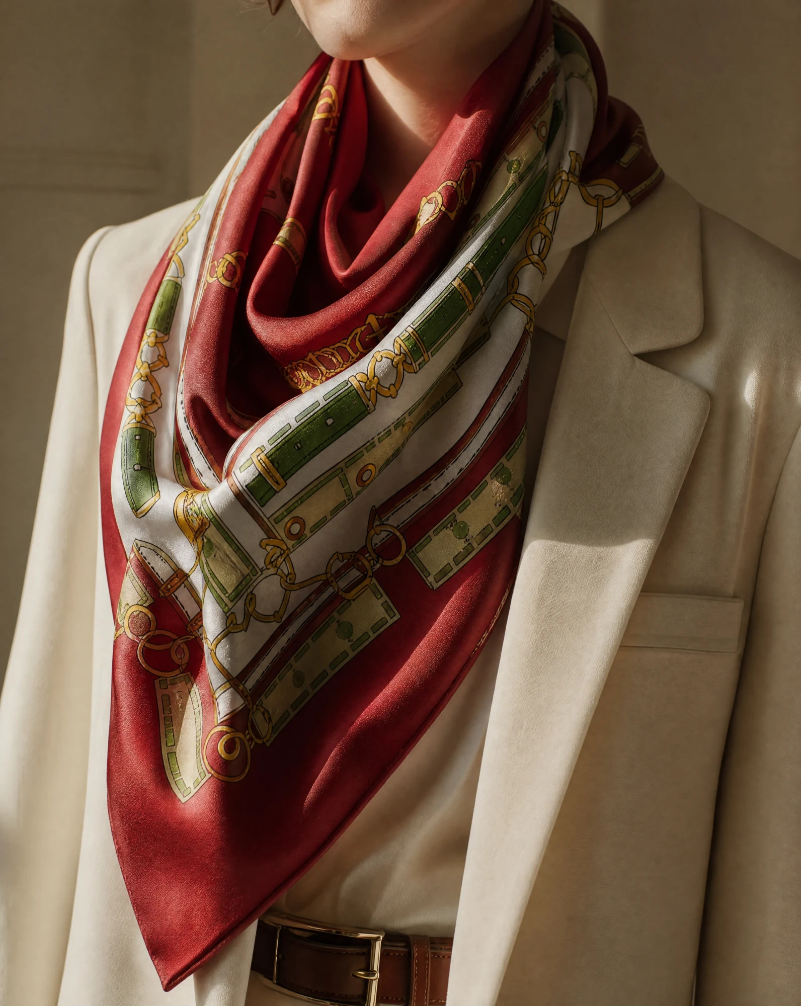The Cavalier Bridle Red Silk Twill Scarf — Rich Red Ivory & Green Bridle Frame — accessories — VAUDRE numbered luxury — view 3