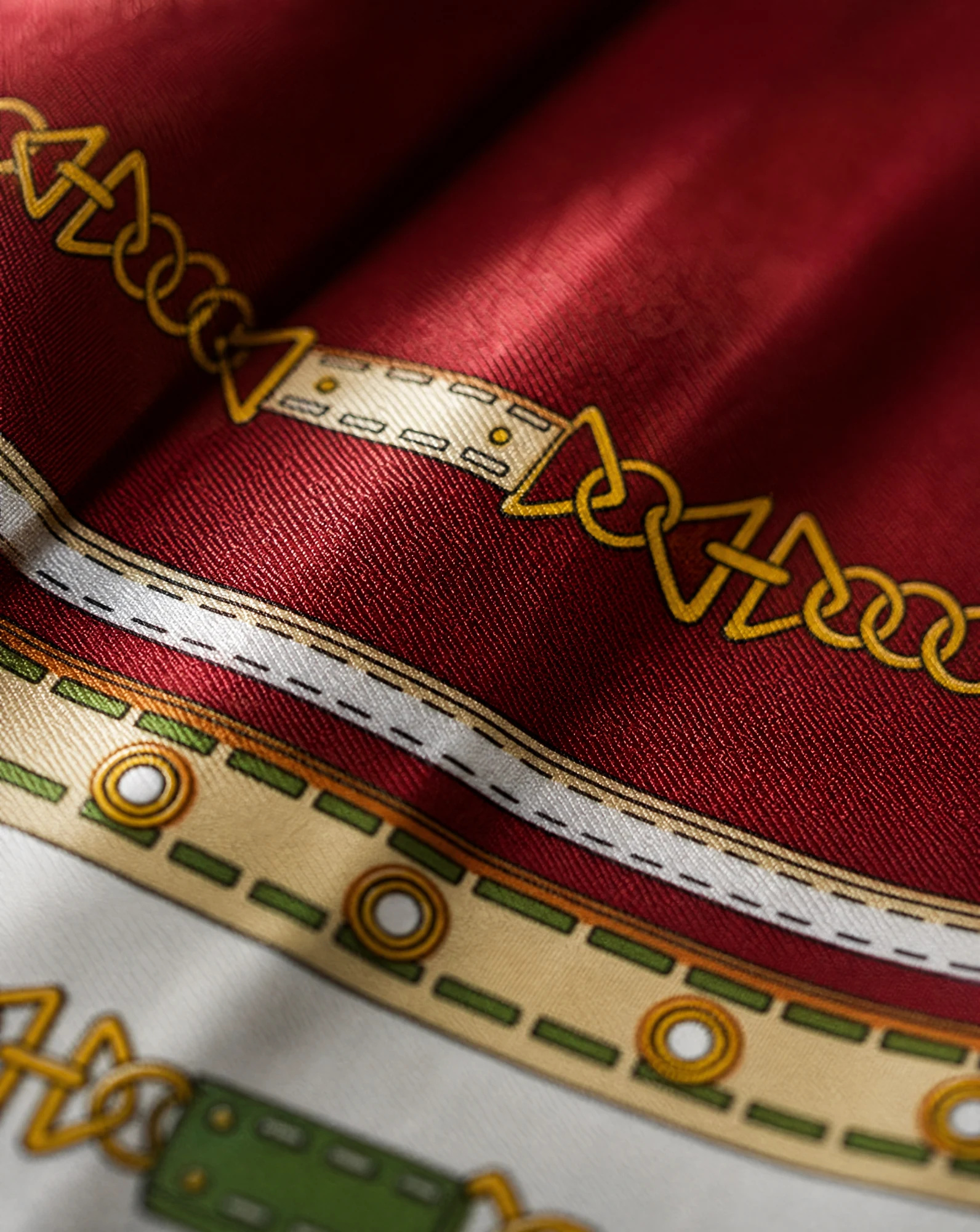 The Cavalier Bridle Red Silk Twill Scarf — Rich Red Ivory & Green Bridle Frame — accessories — VAUDRE numbered luxury — view 5