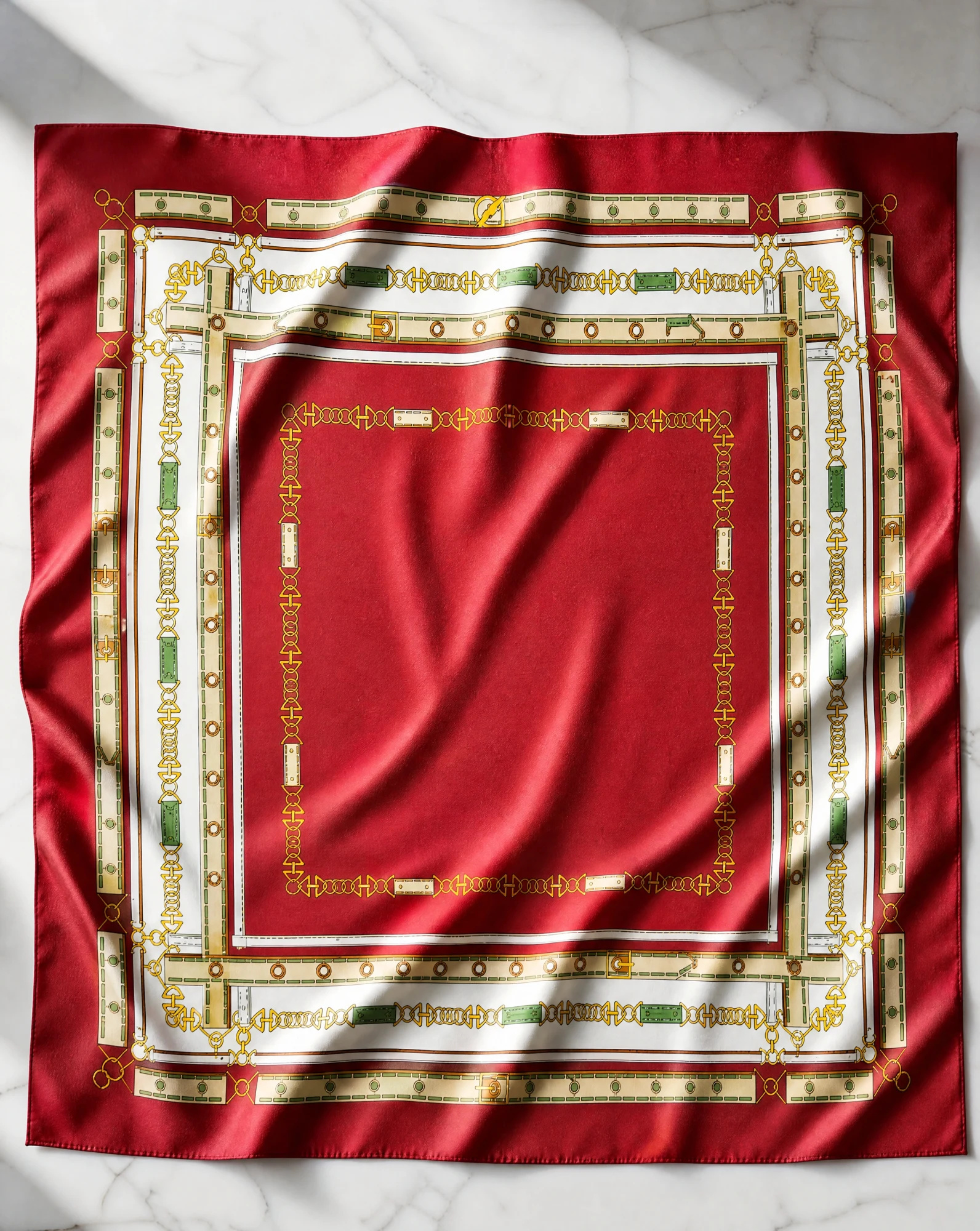 The Cavalier Bridle Red Silk Twill Scarf — Rich Red Ivory & Green Bridle Frame — accessories — VAUDRE numbered luxury