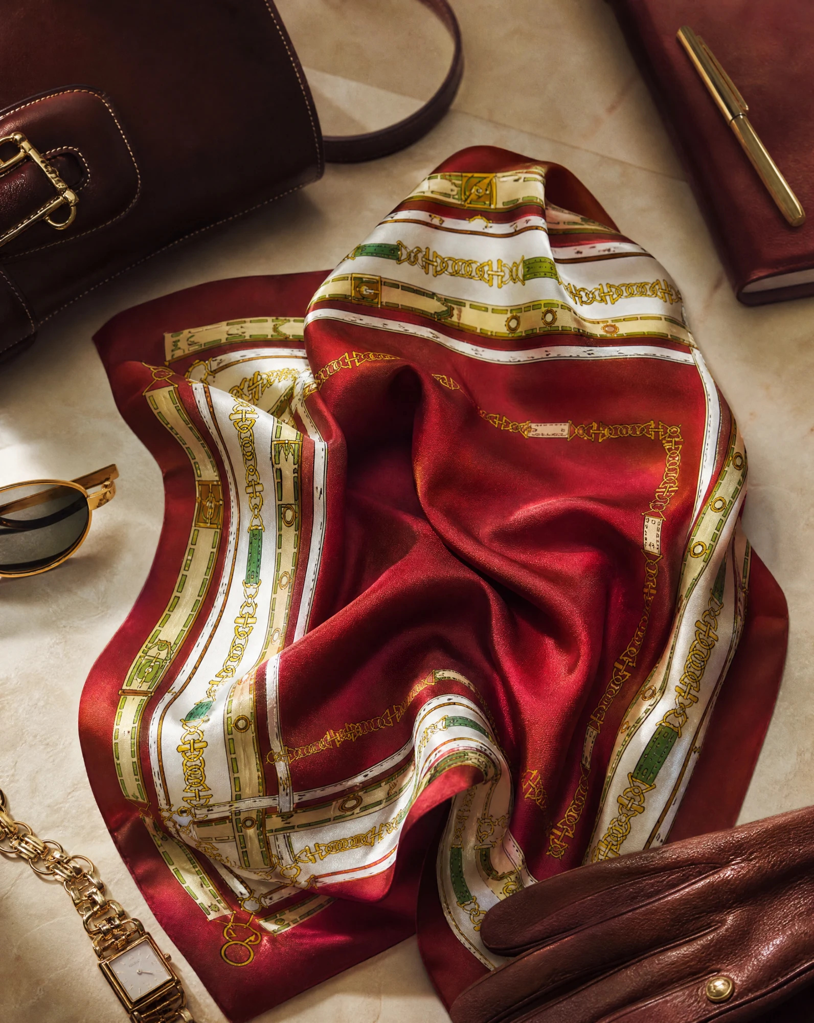 The Cavalier Bridle Red Silk Twill Scarf — Rich Red Ivory & Green Bridle Frame — accessories — VAUDRE numbered luxury — view 4