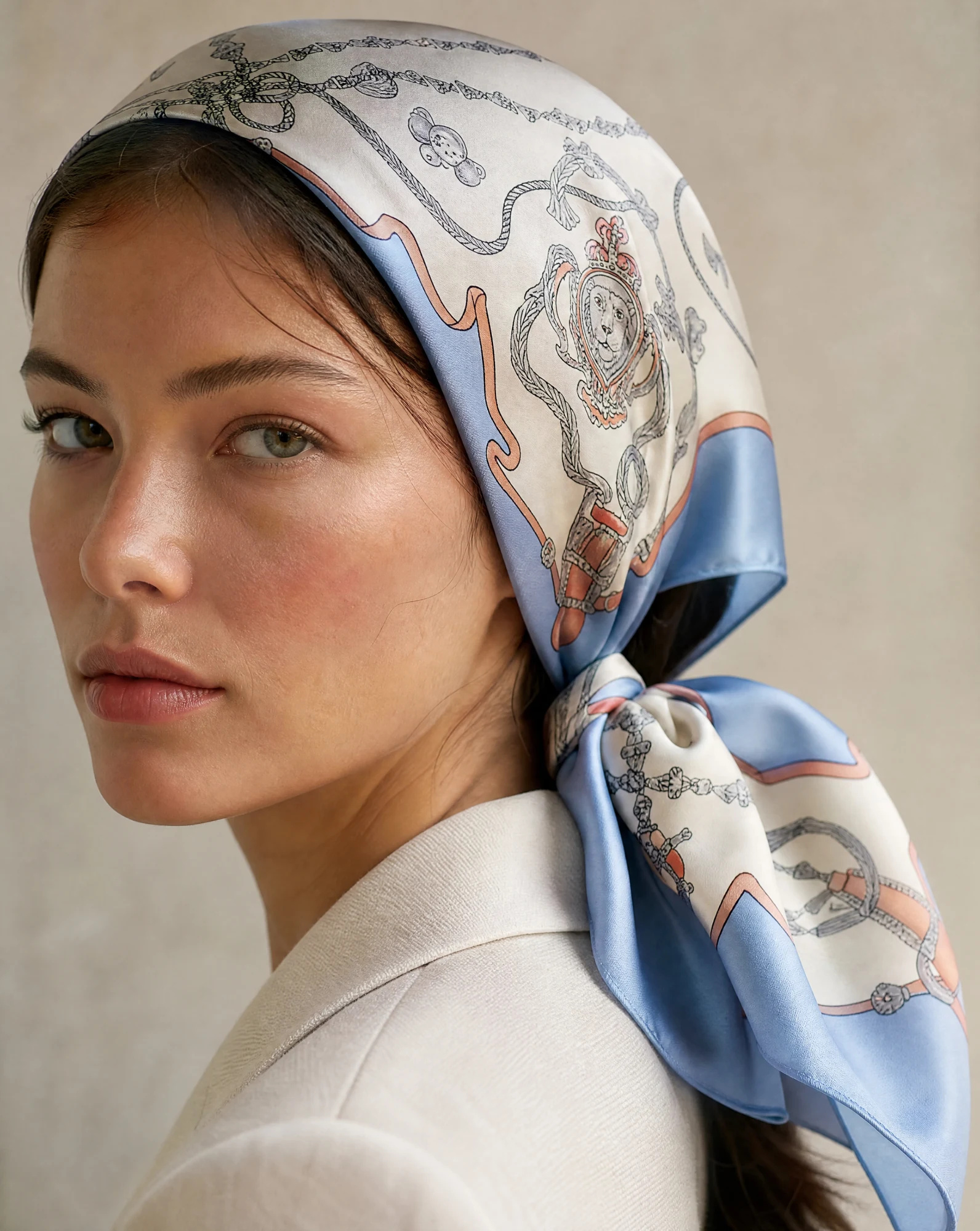 The Teddy Heirloom Bow & Ribbon Blue Silk Scarf — Ivory Cream Powder Blue & Blush Ribbon — accessories — VAUDRE numbered luxury — view 2