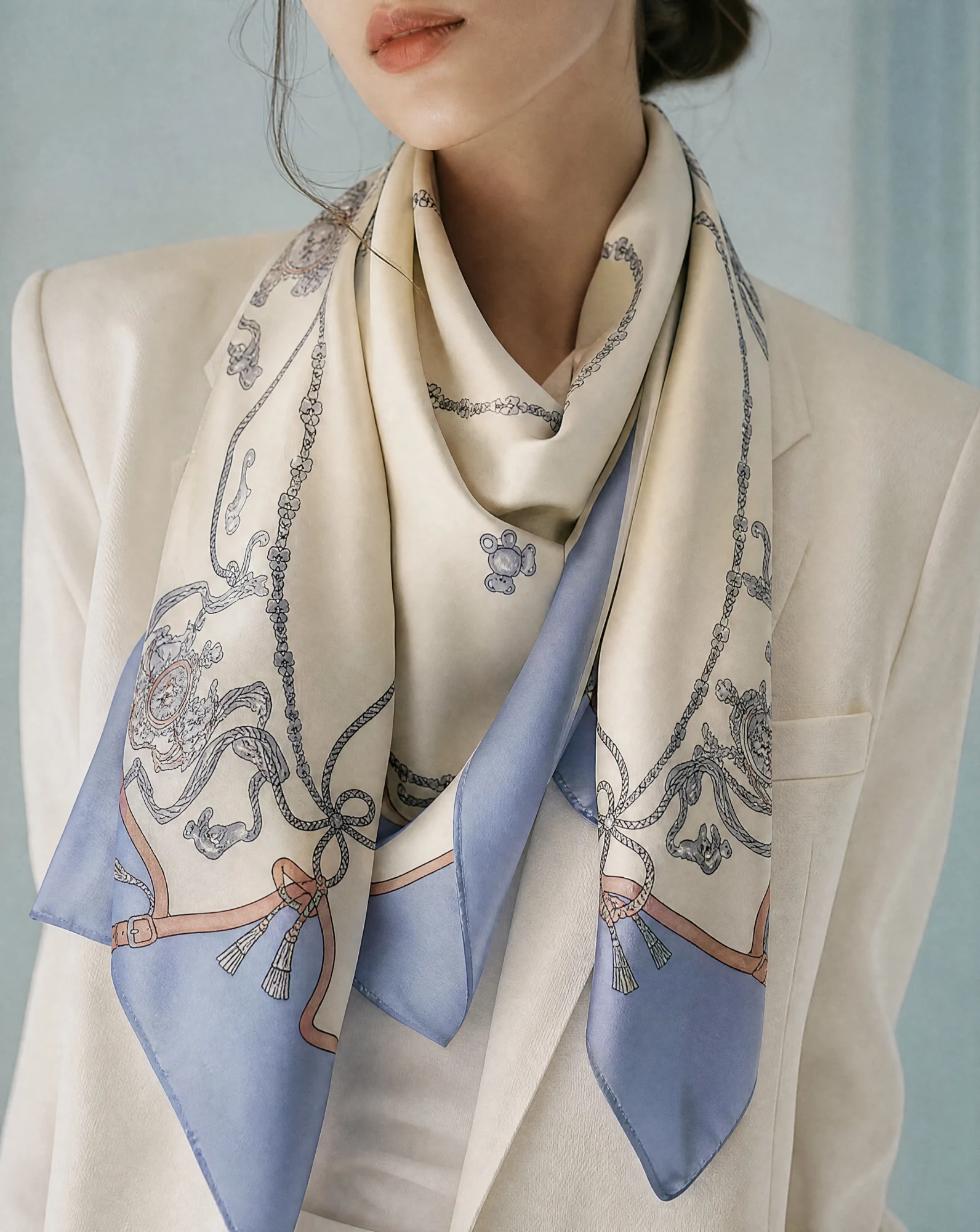 The Teddy Heirloom Bow & Ribbon Blue Silk Scarf — Ivory Cream Powder Blue & Blush Ribbon — accessories — VAUDRE numbered luxury — view 3