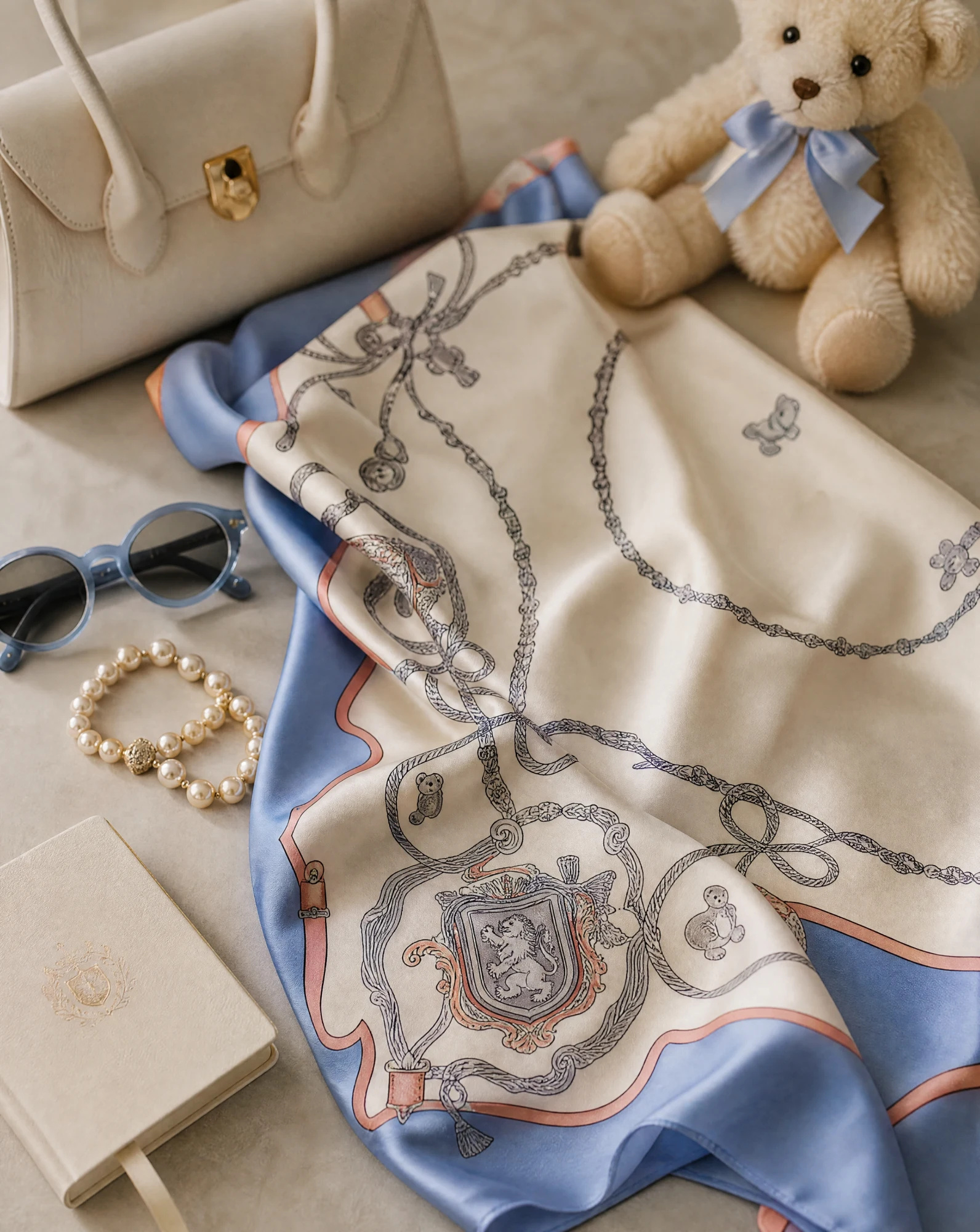 The Teddy Heirloom Bow & Ribbon Blue Silk Scarf — Ivory Cream Powder Blue & Blush Ribbon — accessories — VAUDRE numbered luxury — view 4