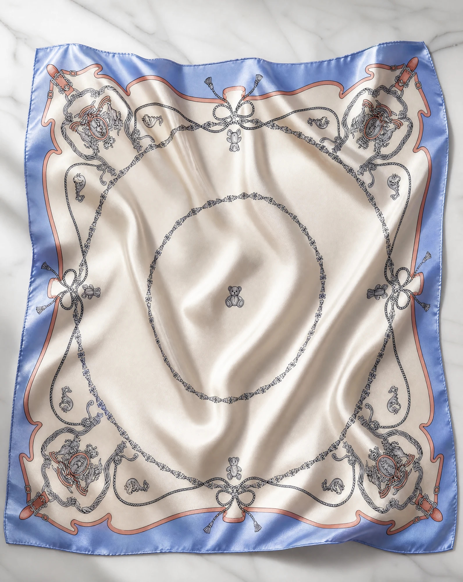 The Teddy Heirloom Bow & Ribbon Blue Silk Scarf — Ivory Cream Powder Blue & Blush Ribbon — accessories — VAUDRE numbered luxury