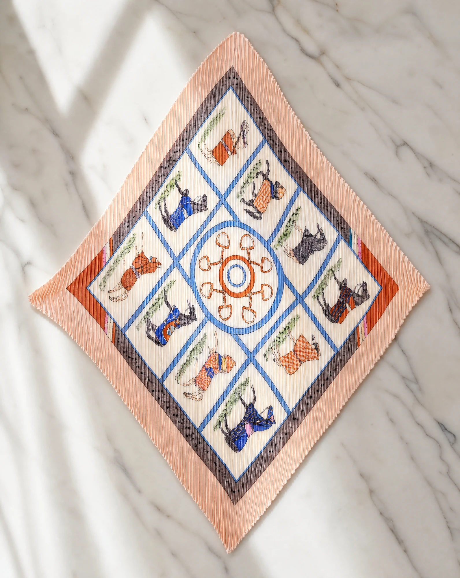 The Polo Player Pleated Silk Bandana Scarf — Blush Peach Sky Blue & Terracotta Eques — accessories — VAUDRE numbered luxury