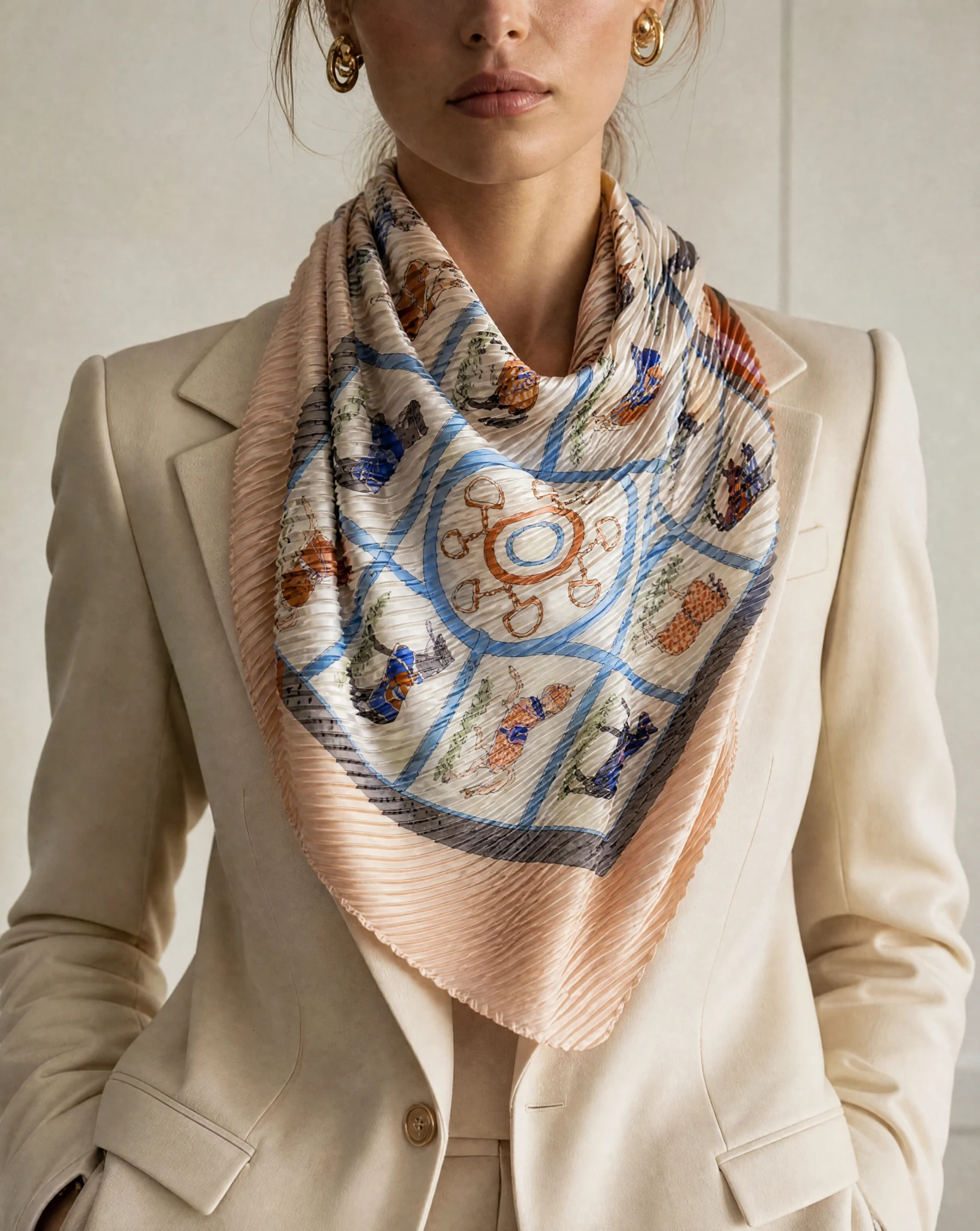 The Polo Player Pleated Silk Bandana Scarf — Blush Peach Sky Blue & Terracotta Eques — accessories — VAUDRE numbered luxury — view 2