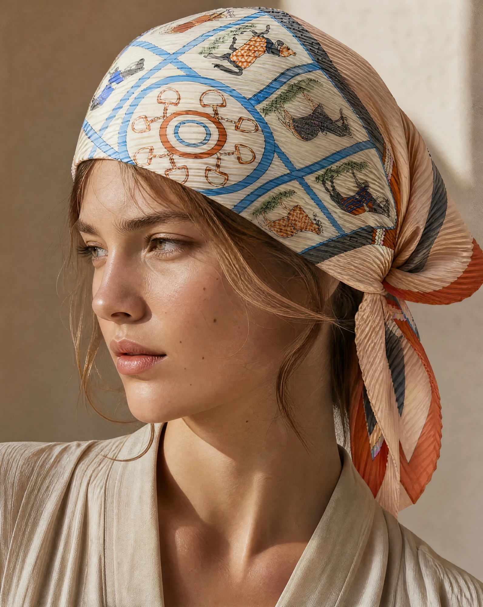 The Polo Player Pleated Silk Bandana Scarf — Blush Peach Sky Blue & Terracotta Eques — accessories — VAUDRE numbered luxury — view 3