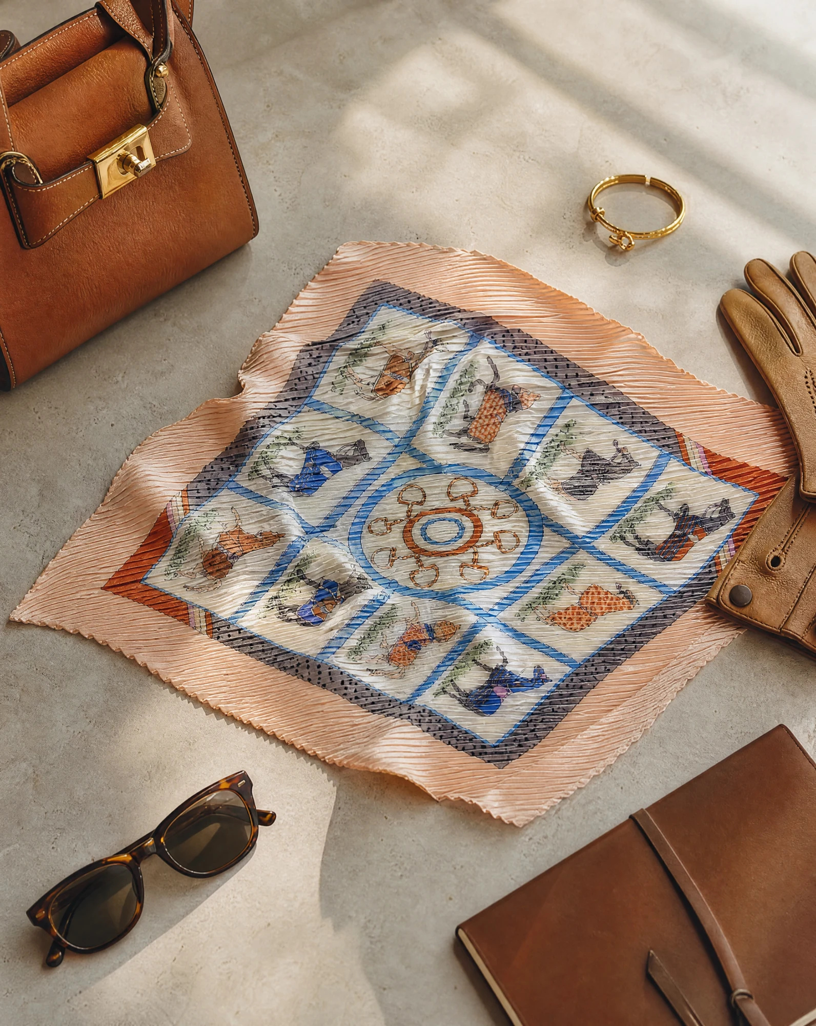 The Polo Player Pleated Silk Bandana Scarf — Blush Peach Sky Blue & Terracotta Eques — accessories — VAUDRE numbered luxury — view 5