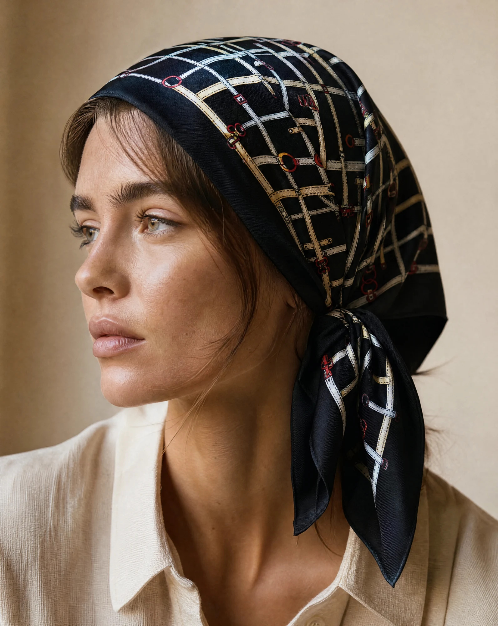 The Bridle Lattice Black Silk Twill Scarf — Jet Black Cream & Ruby Red Bridle Latti — accessories — VAUDRE numbered luxury — view 2