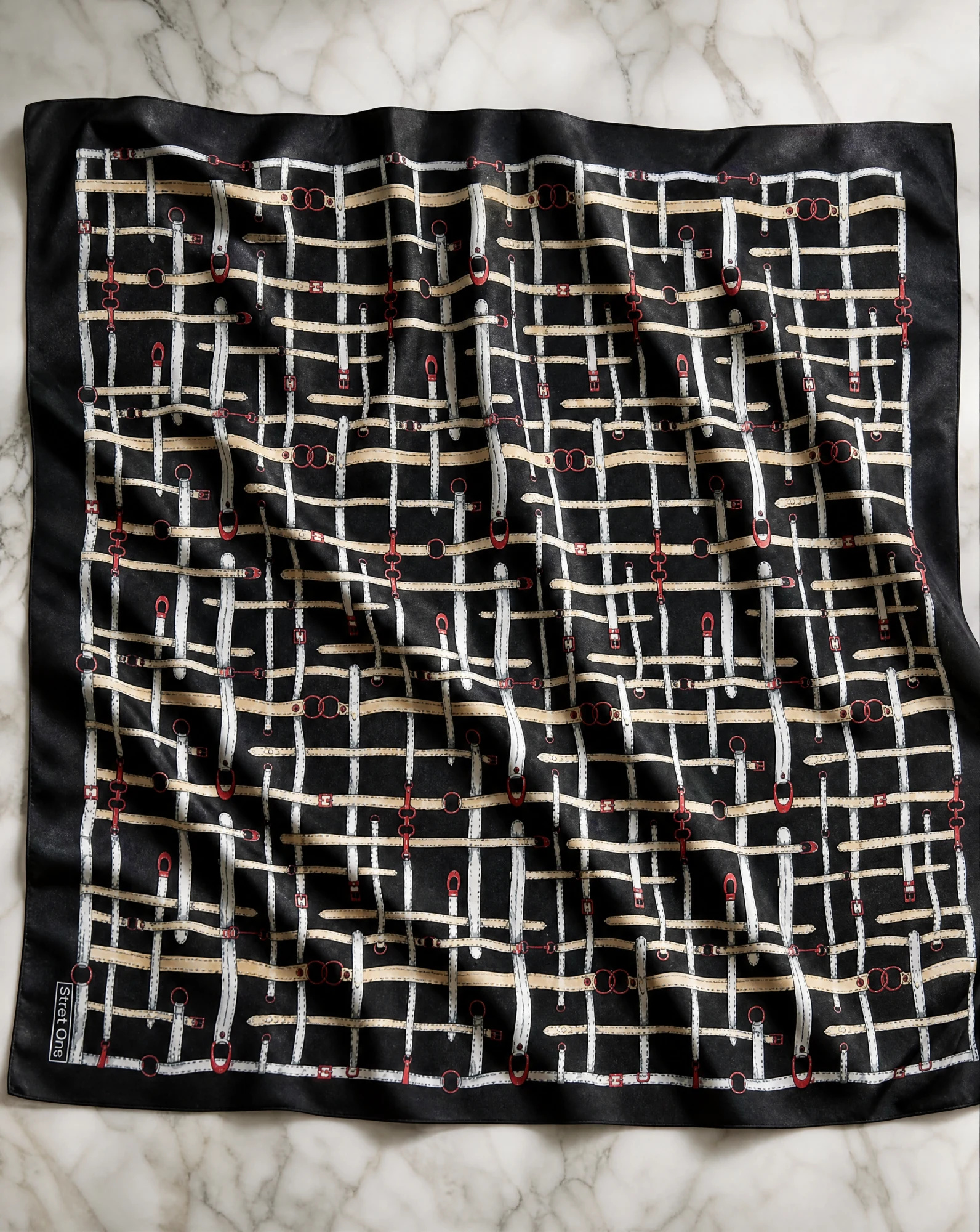 The Bridle Lattice Black Silk Twill Scarf — Jet Black Cream & Ruby Red Bridle Latti — accessories — VAUDRE numbered luxury