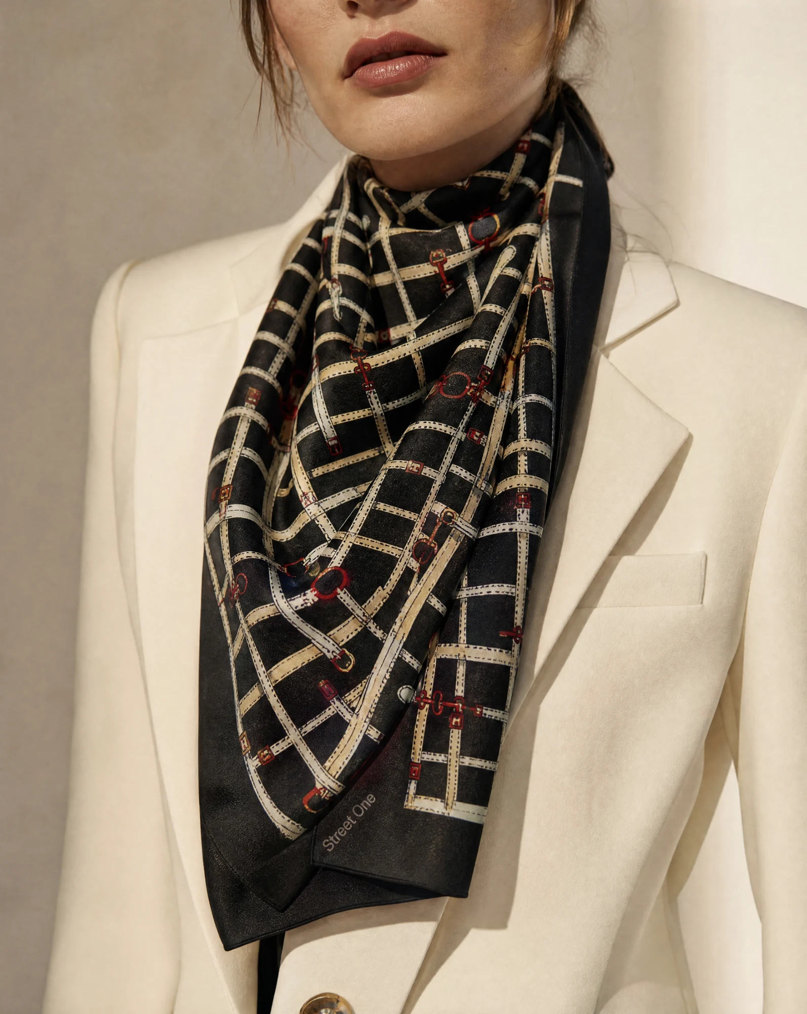The Bridle Lattice Black Silk Twill Scarf — Jet Black Cream & Ruby Red Bridle Latti — accessories — VAUDRE numbered luxury — view 3