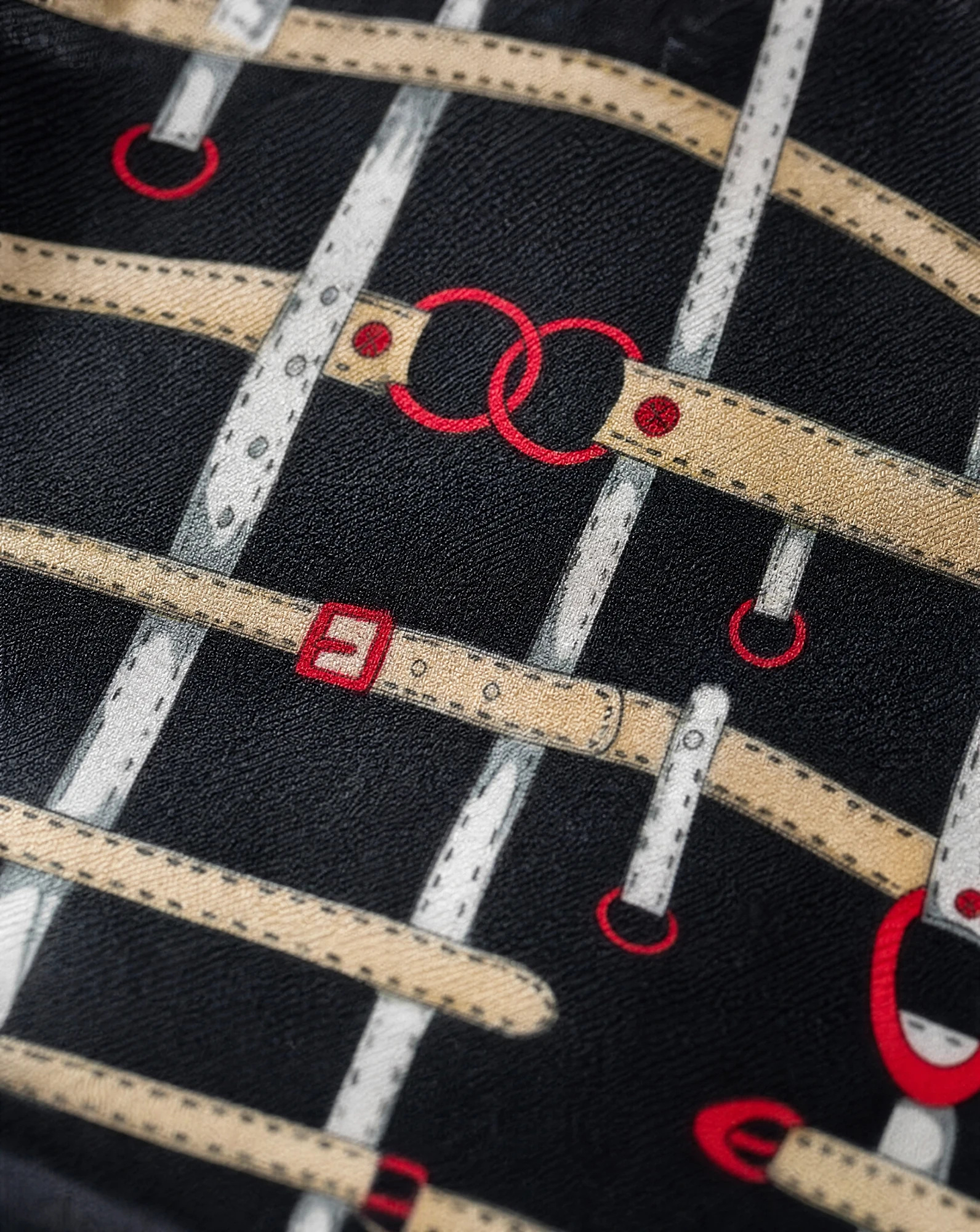 The Bridle Lattice Black Silk Twill Scarf — Jet Black Cream & Ruby Red Bridle Latti — accessories — VAUDRE numbered luxury — view 5
