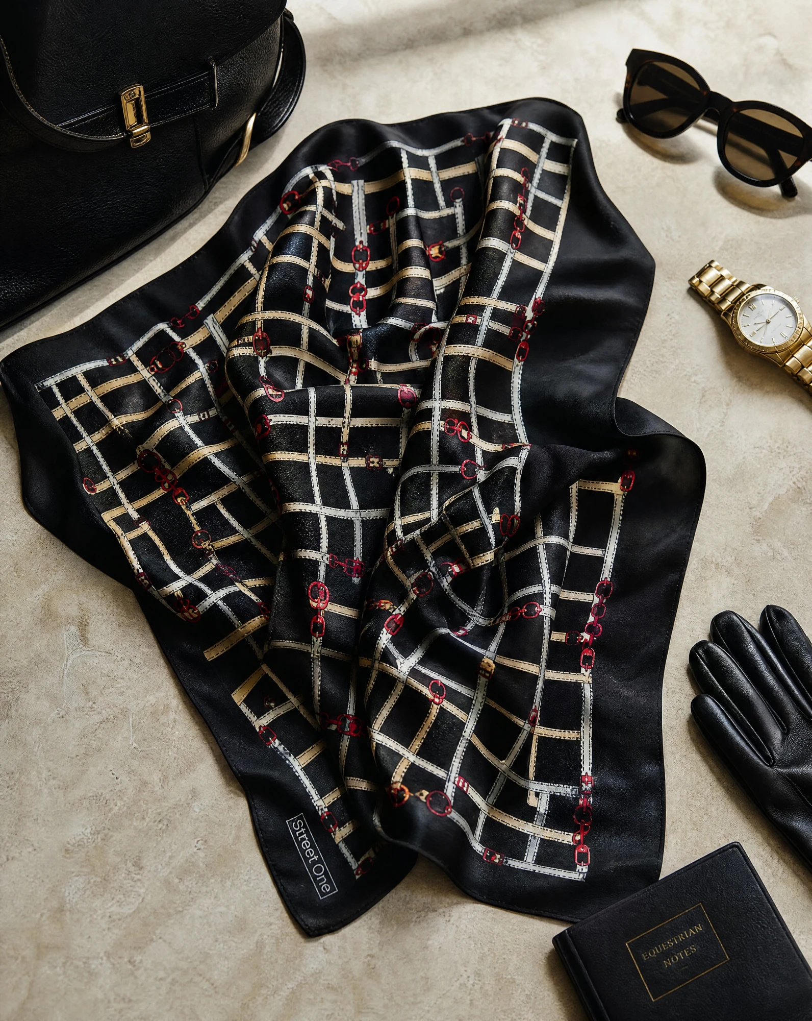 The Bridle Lattice Black Silk Twill Scarf — Jet Black Cream & Ruby Red Bridle Latti — accessories — VAUDRE numbered luxury — view 4