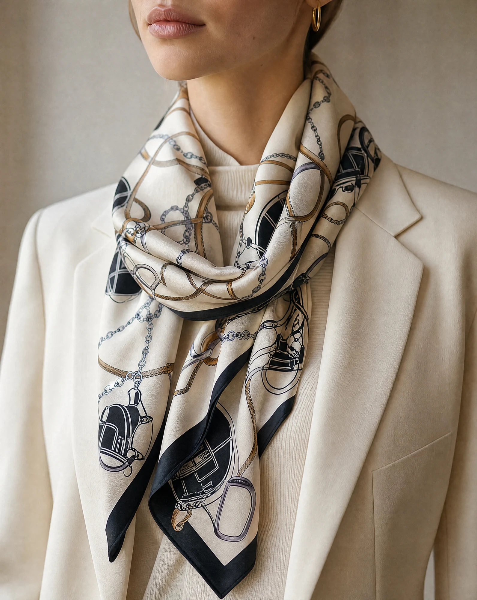 The Carriage & Bridle Cream Silk Twill Scarf — Ivory Cream Camel & Black Carriage Moti — accessories — VAUDRE numbered luxury — view 2
