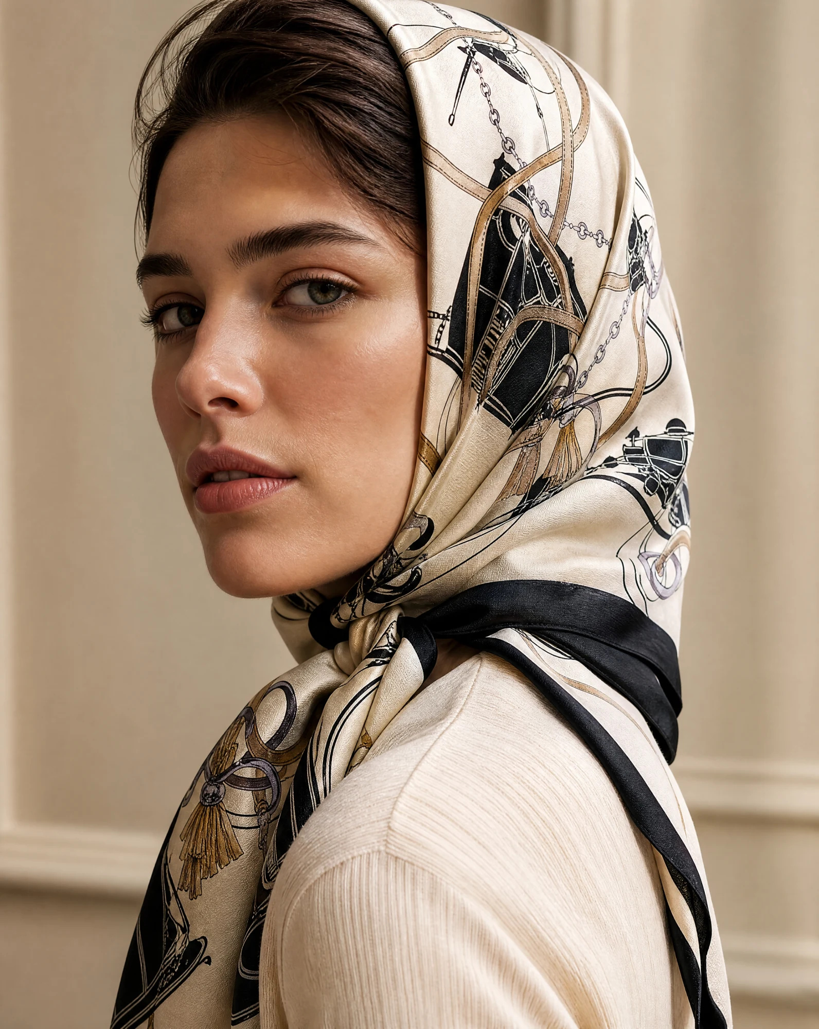 The Carriage & Bridle Cream Silk Twill Scarf — Ivory Cream Camel & Black Carriage Moti — accessories — VAUDRE numbered luxury — view 3
