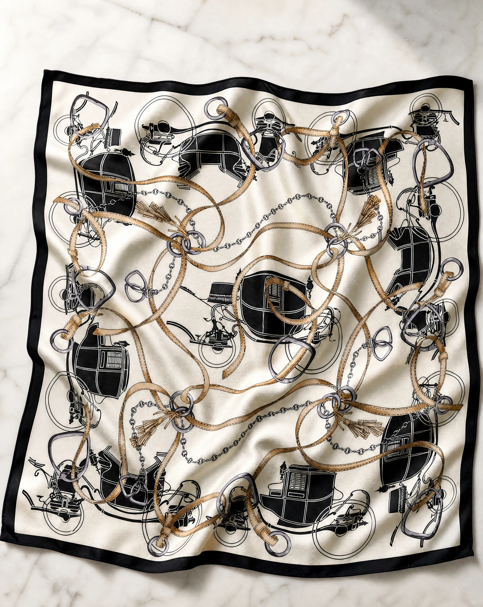 The Carriage & Bridle Cream Silk Twill Scarf — Ivory Cream Camel & Black Carriage Moti — accessories — VAUDRE numbered luxury