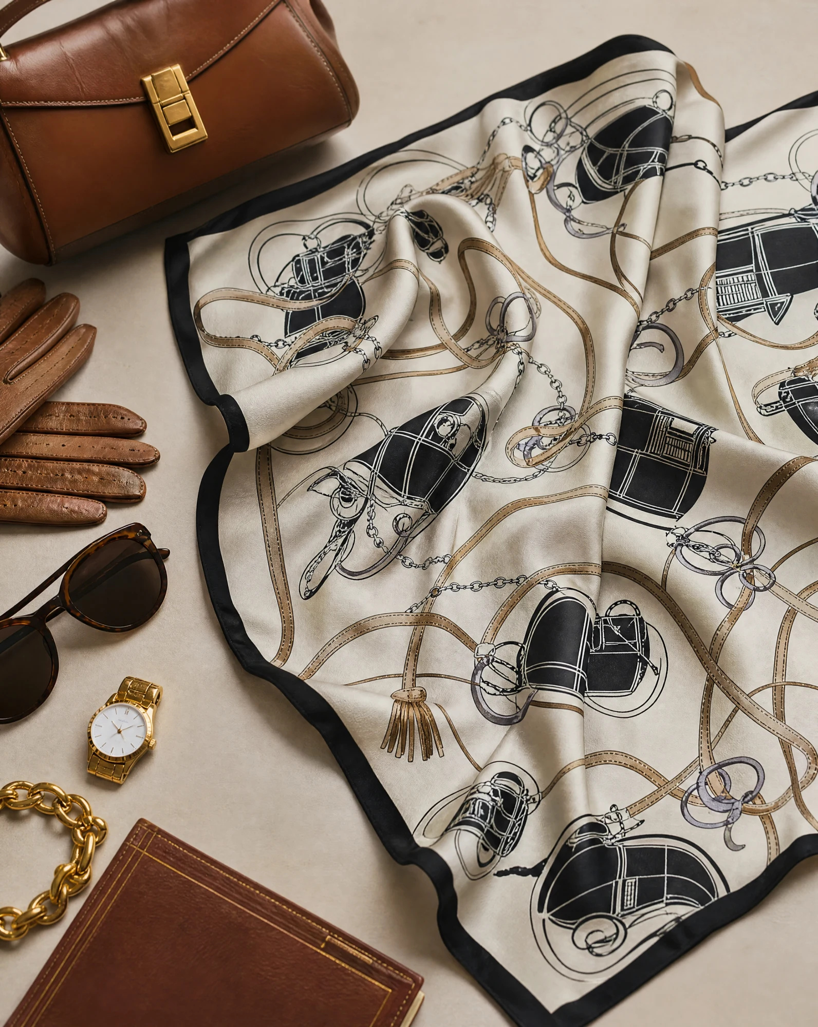 The Carriage & Bridle Cream Silk Twill Scarf — Ivory Cream Camel & Black Carriage Moti — accessories — VAUDRE numbered luxury — view 4