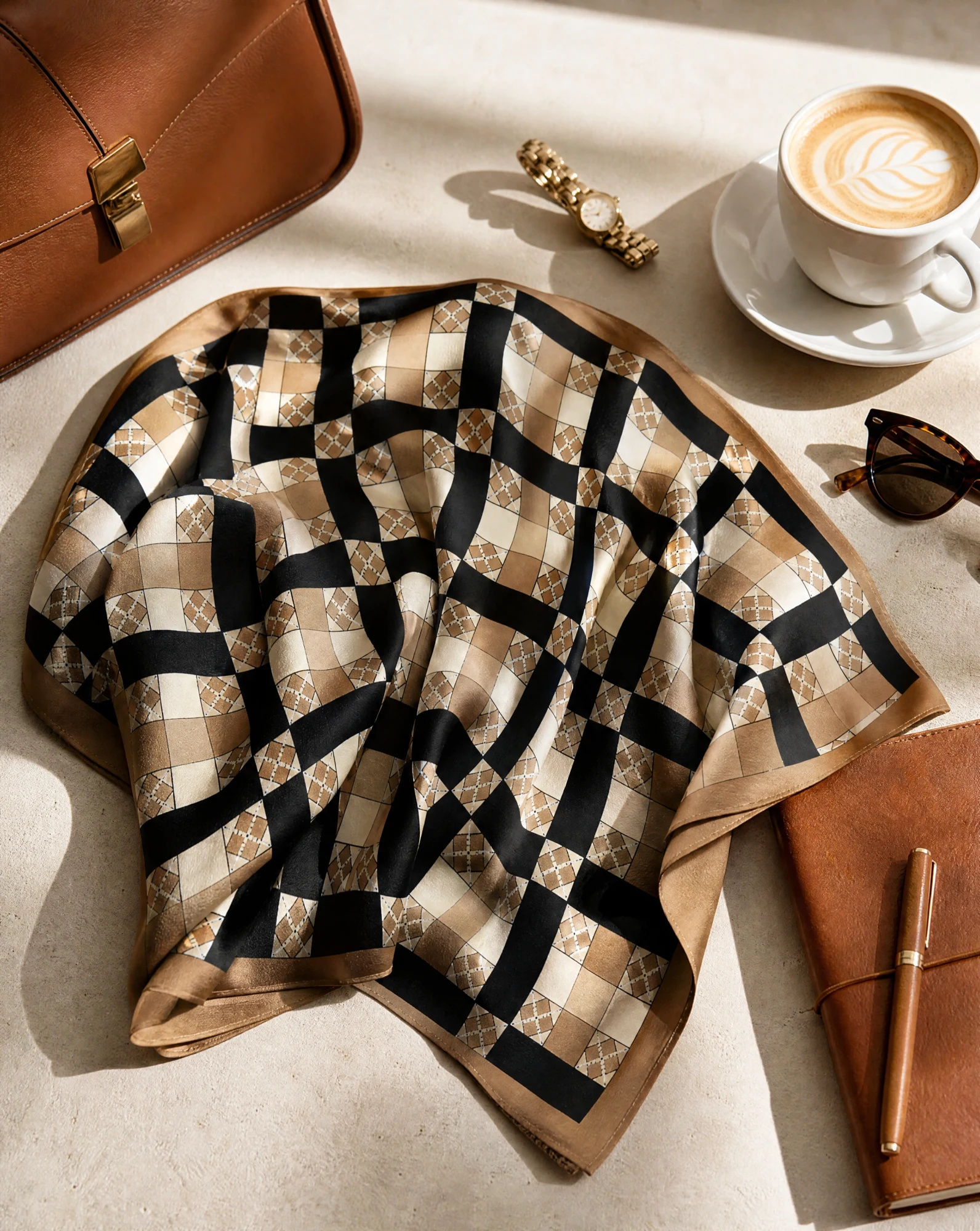 The Argyle Check Camel & Black Silk Twill Scarf — Camel Cream & Black Argyle Check — accessories — VAUDRE numbered luxury — view 4