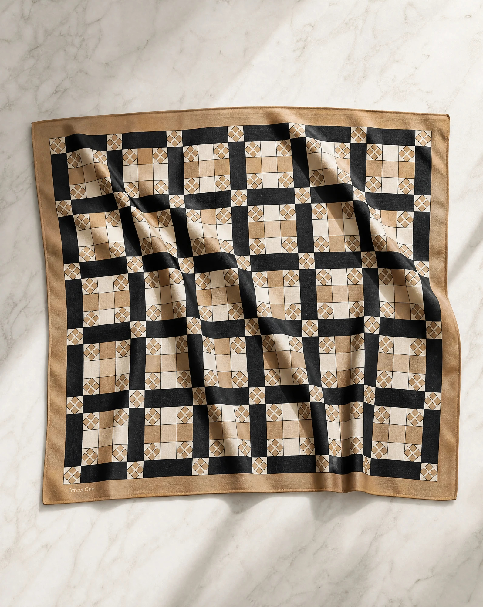 The Argyle Check Camel & Black Silk Twill Scarf — Camel Cream & Black Argyle Check — accessories — VAUDRE numbered luxury
