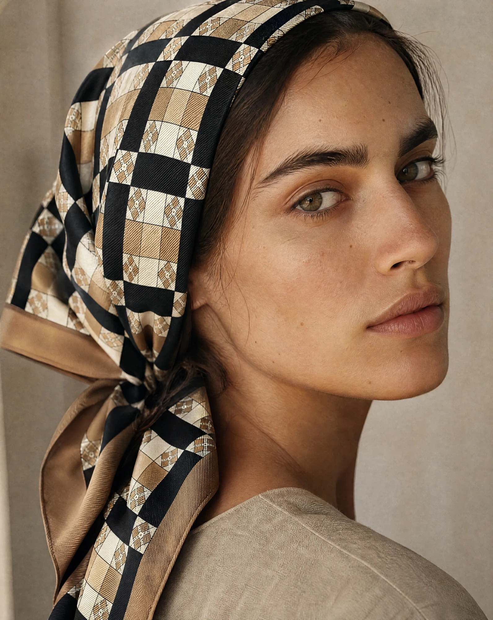 The Argyle Check Camel & Black Silk Twill Scarf — Camel Cream & Black Argyle Check — accessories — VAUDRE numbered luxury — view 2