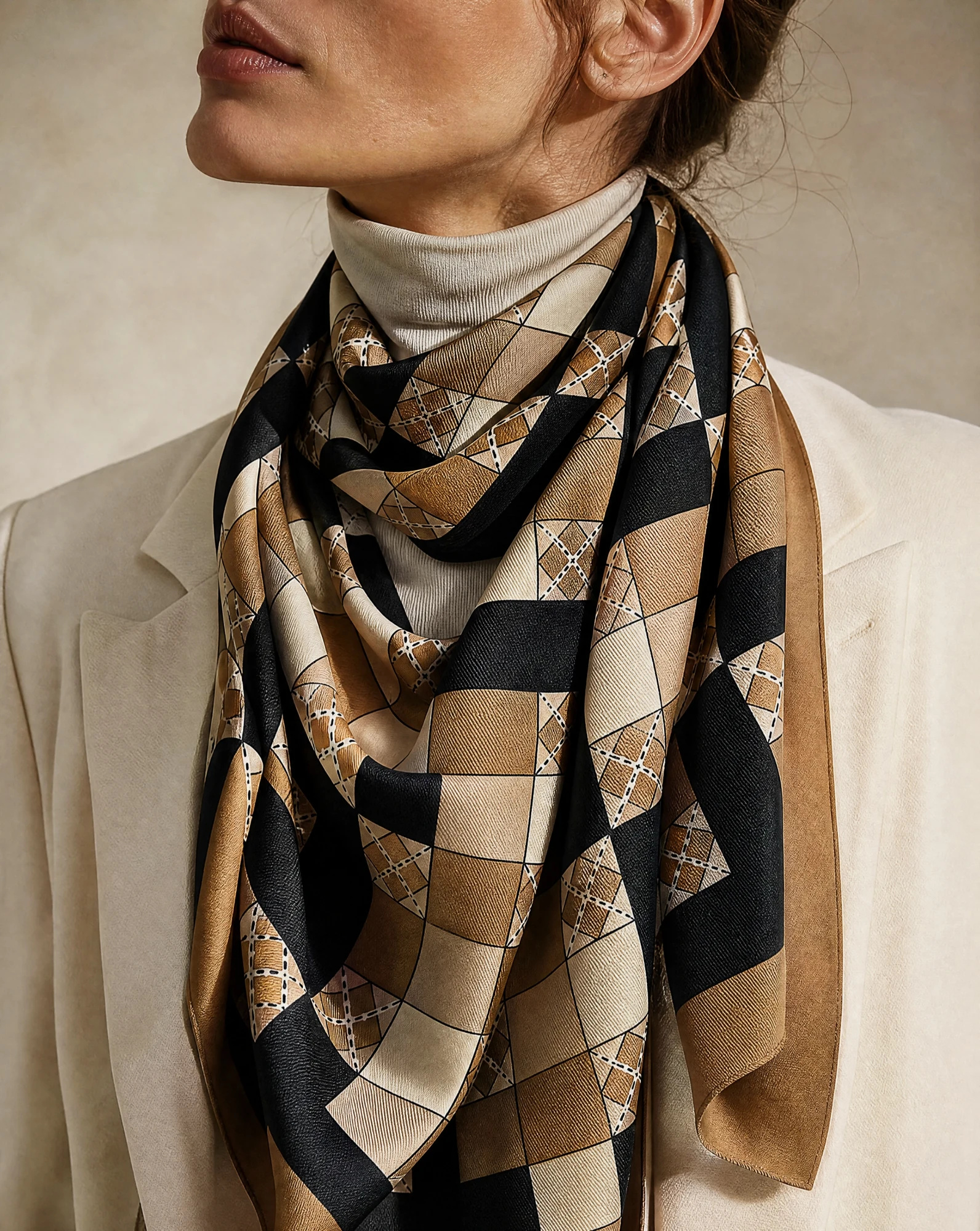 The Argyle Check Camel & Black Silk Twill Scarf — Camel Cream & Black Argyle Check — accessories — VAUDRE numbered luxury — view 3