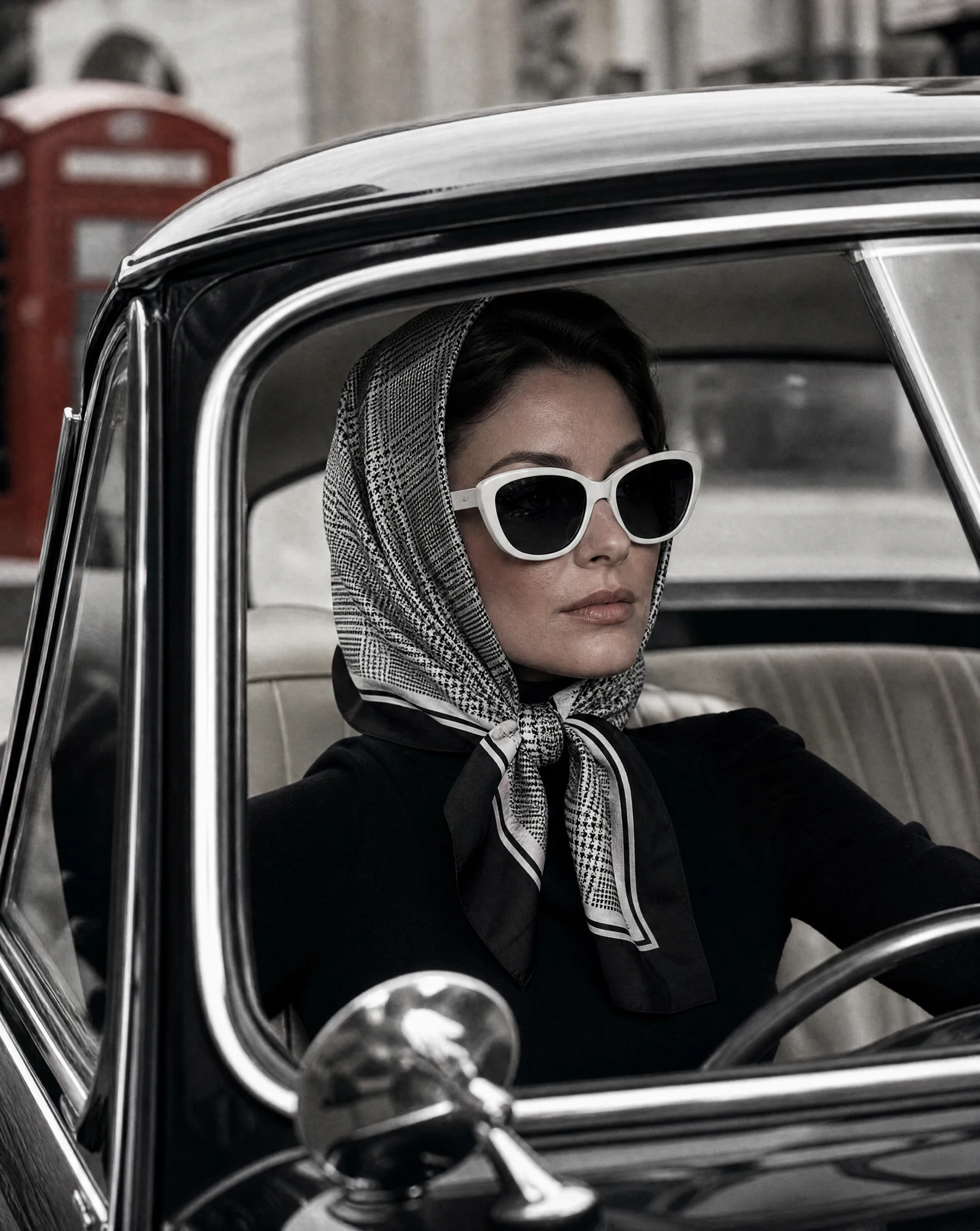 The Windsor Glen Check Monochrome Silk Scarf — Black Charcoal & Ivory Prince of Wales — accessories — VAUDRE numbered luxury — view 2