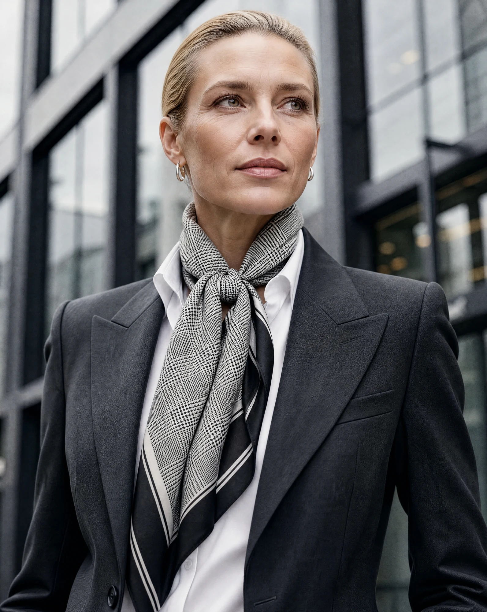 The Windsor Glen Check Monochrome Silk Scarf — Black Charcoal & Ivory Prince of Wales — accessories — VAUDRE numbered luxury — view 3