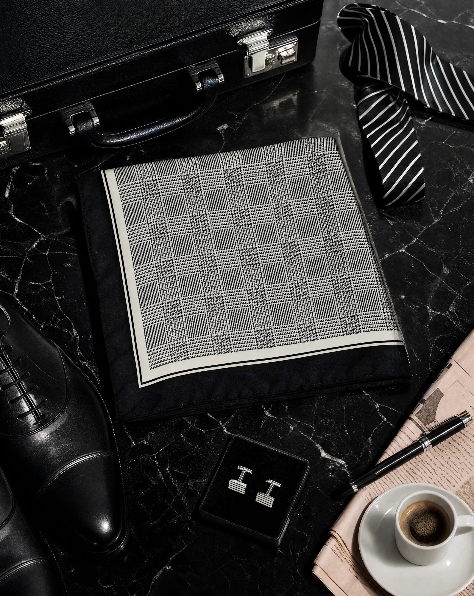 The Windsor Glen Check Monochrome Silk Scarf — Black Charcoal & Ivory Prince of Wales — accessories — VAUDRE numbered luxury — view 4