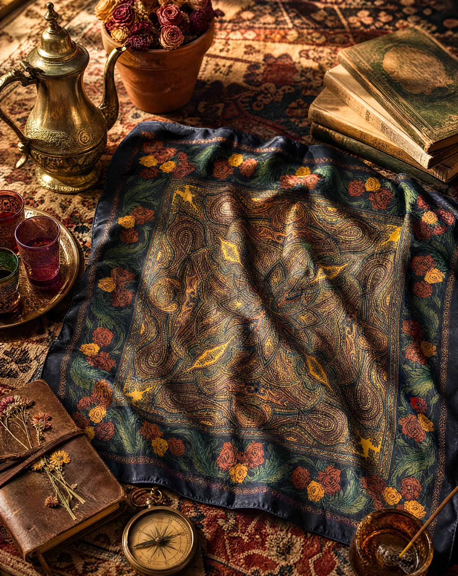 The Rosaline Paisley Heritage Silk Scarf — Midnight Navy Blush Rose & Antique Gold — accessories — VAUDRE numbered luxury — view 4