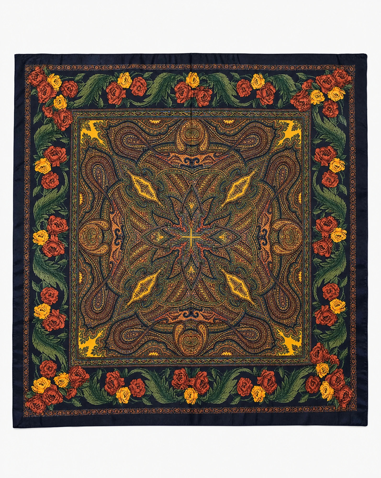 The Rosaline Paisley Heritage Silk Scarf — Midnight Navy Blush Rose & Antique Gold — accessories — VAUDRE numbered luxury