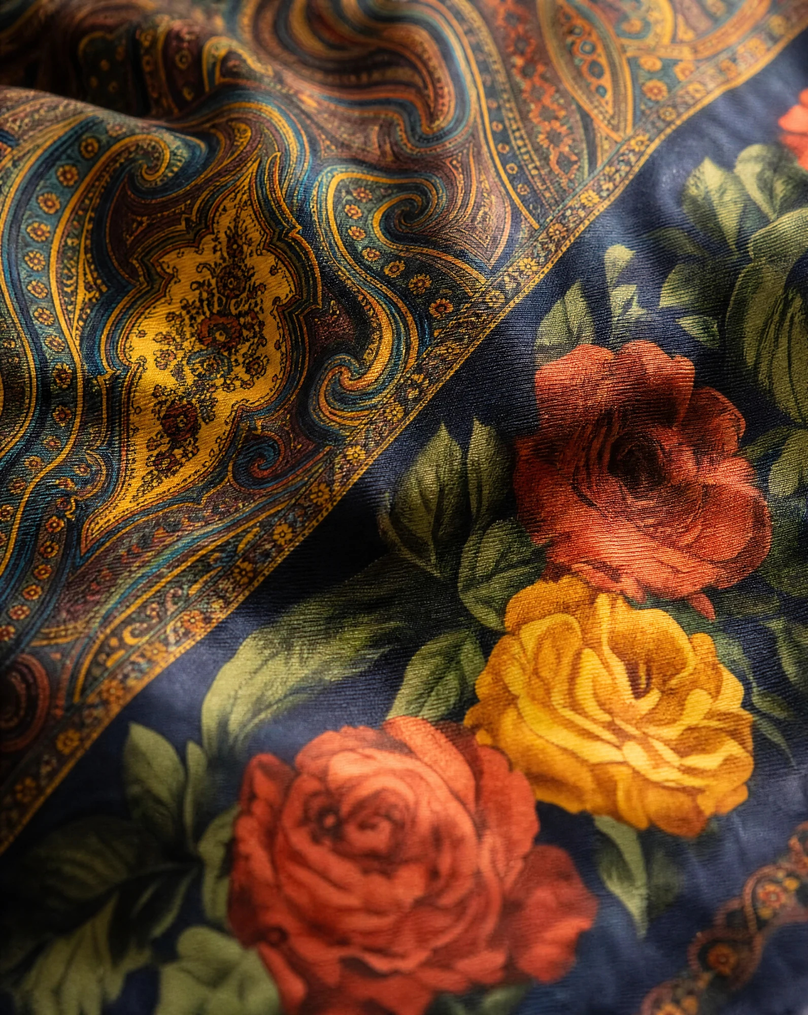 The Rosaline Paisley Heritage Silk Scarf — Midnight Navy Blush Rose & Antique Gold — accessories — VAUDRE numbered luxury — view 5