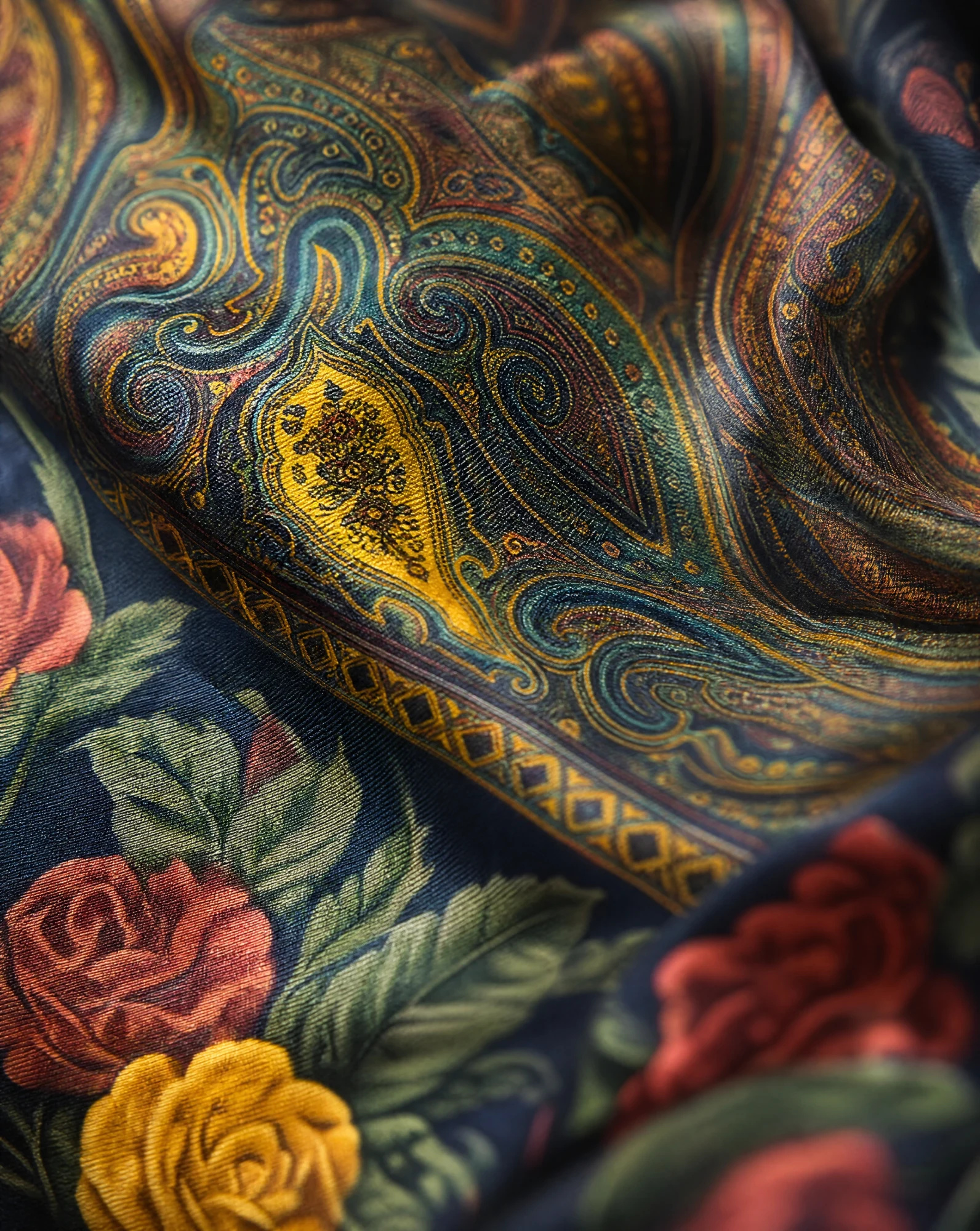 The Rosaline Paisley Heritage Silk Scarf — Midnight Navy Blush Rose & Antique Gold — accessories — VAUDRE numbered luxury — view 6