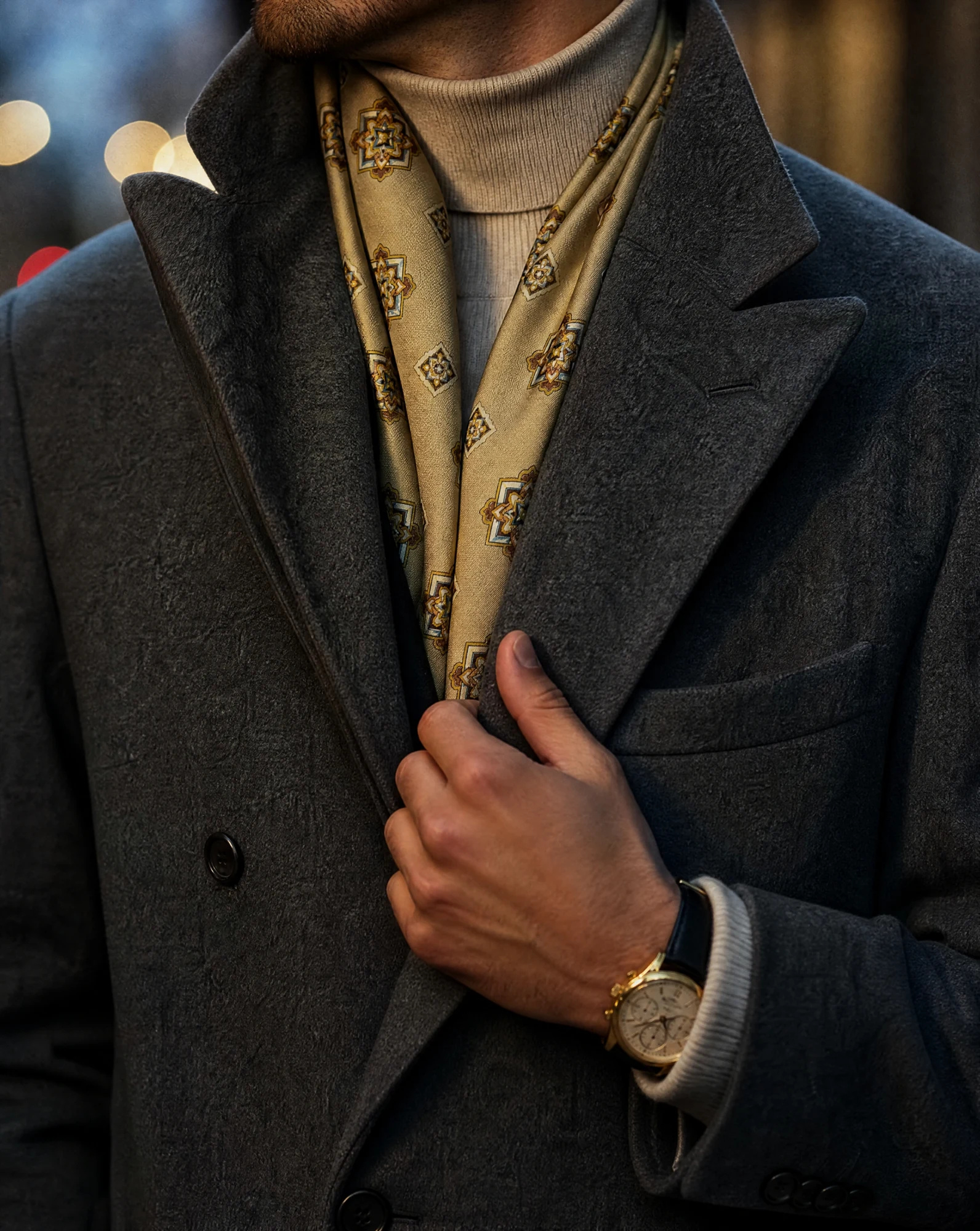 The Ascot Medallion Silk Foulard Scarf — Cream Chestnut Brown & Burgundy Medalli — accessories — VAUDRE numbered luxury — view 3