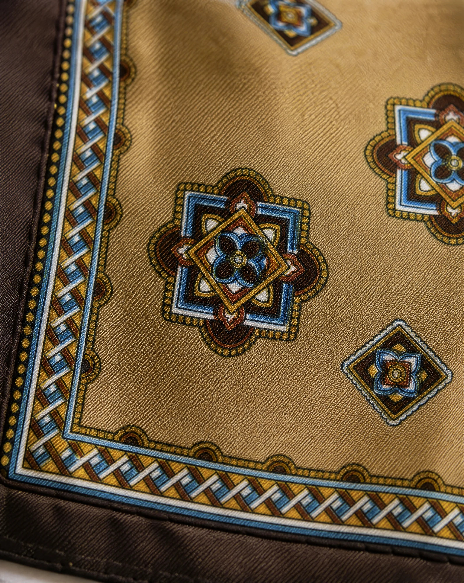 The Ascot Medallion Silk Foulard Scarf — Cream Chestnut Brown & Burgundy Medalli — accessories — VAUDRE numbered luxury — view 5