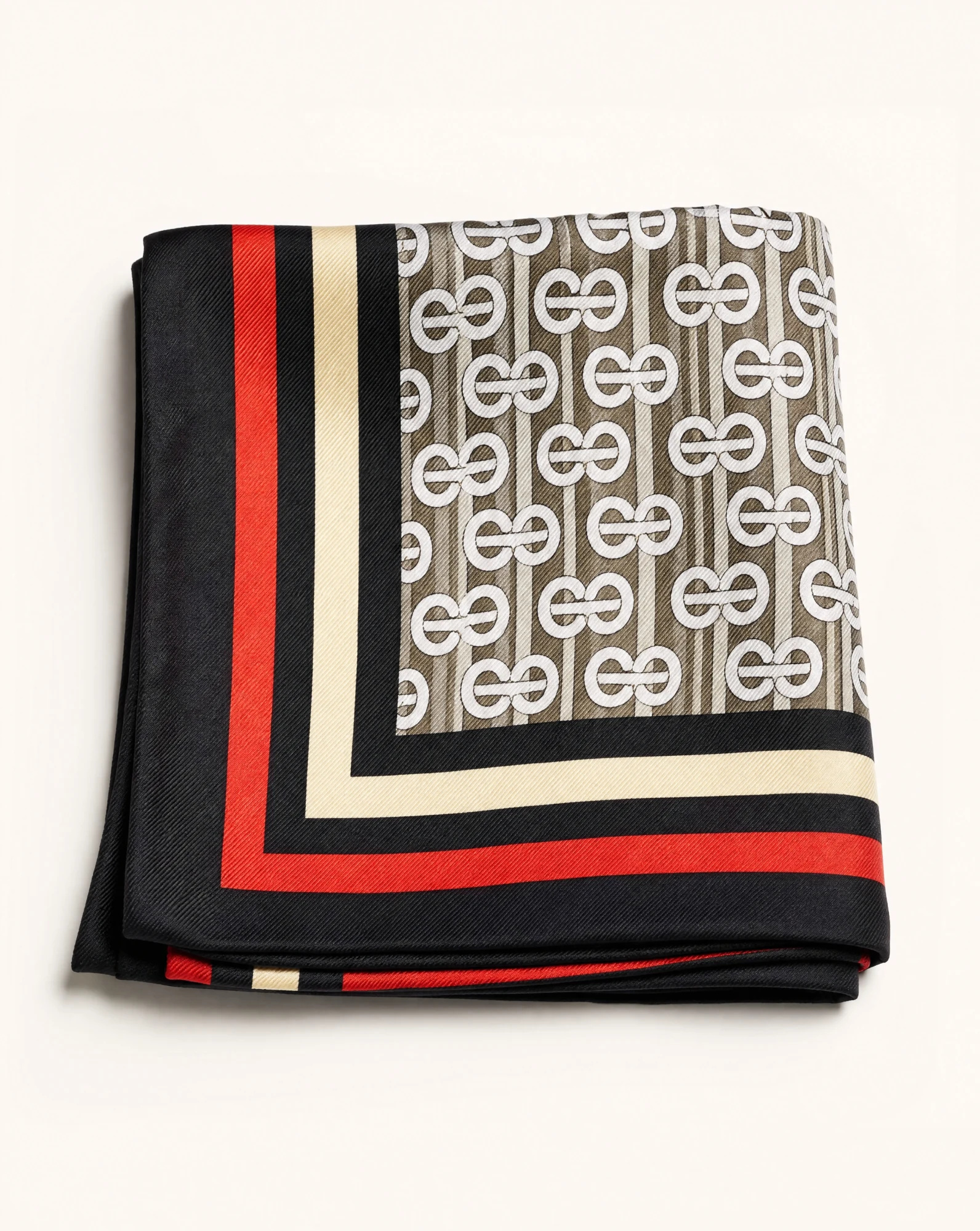 The Maison Monogram Signature Silk Scarf — Camel Beige Crimson Red & Black Monogra — accessories — VAUDRE numbered luxury — view 4