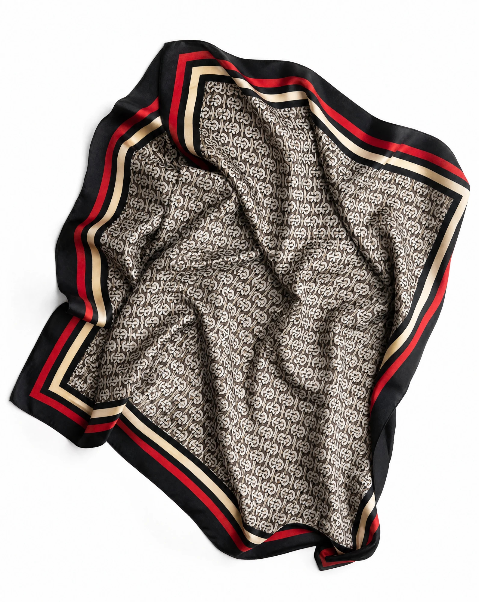 The Maison Monogram Signature Silk Scarf — Camel Beige Crimson Red & Black Monogra — accessories — VAUDRE numbered luxury — view 5