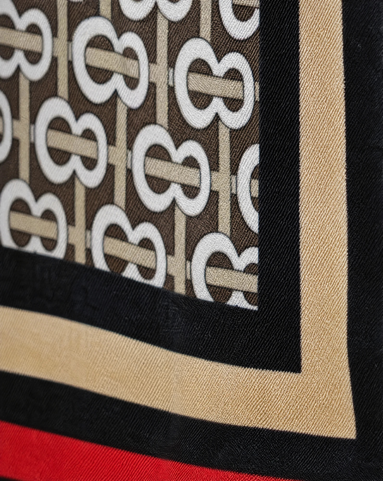 The Maison Monogram Signature Silk Scarf — Camel Beige Crimson Red & Black Monogra — accessories — VAUDRE numbered luxury — view 6