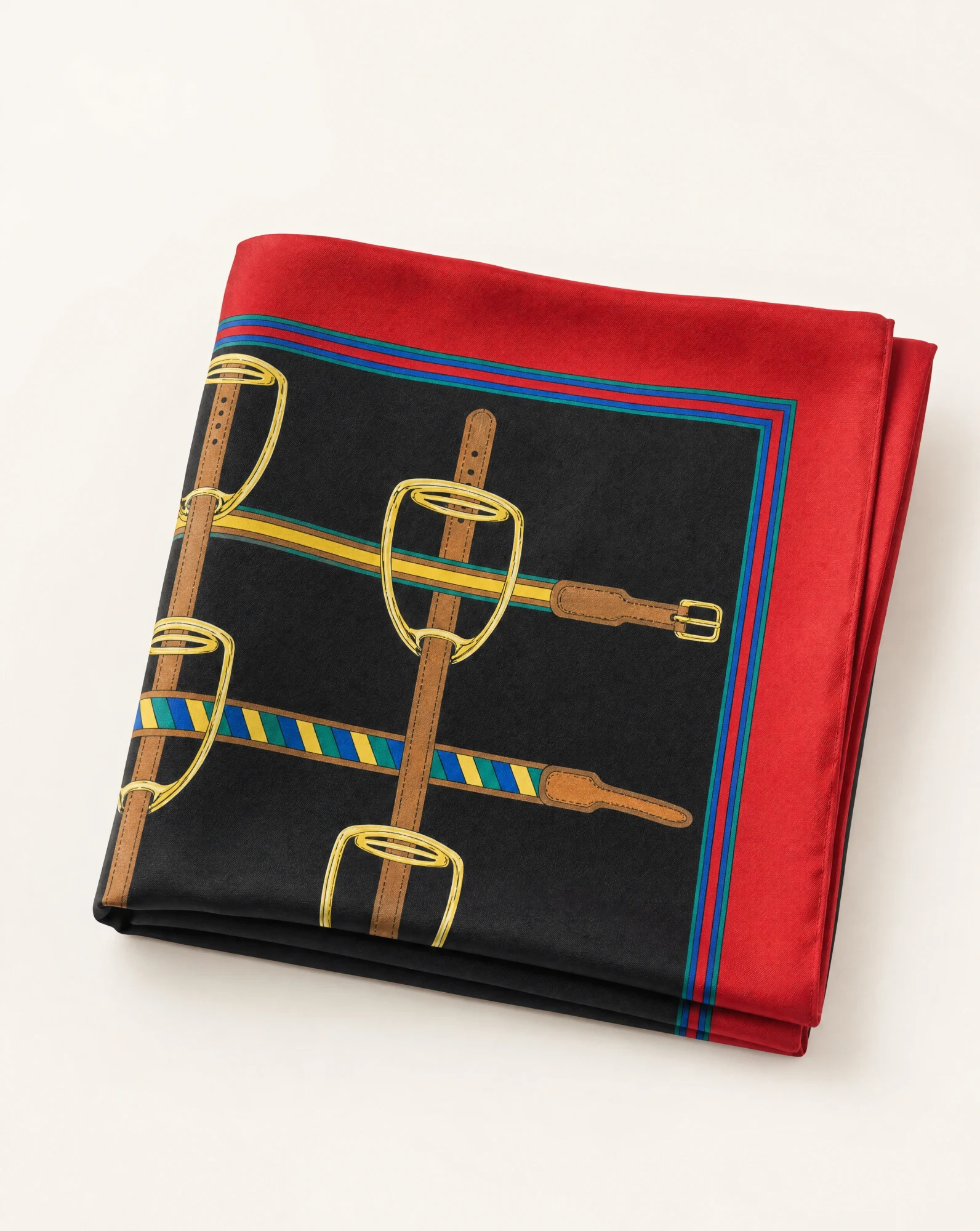 The Equestrian Stirrup Heritage Silk Scarf — Crimson Red Navy & Gold Equestrian Prin — accessories — VAUDRE numbered luxury — view 3