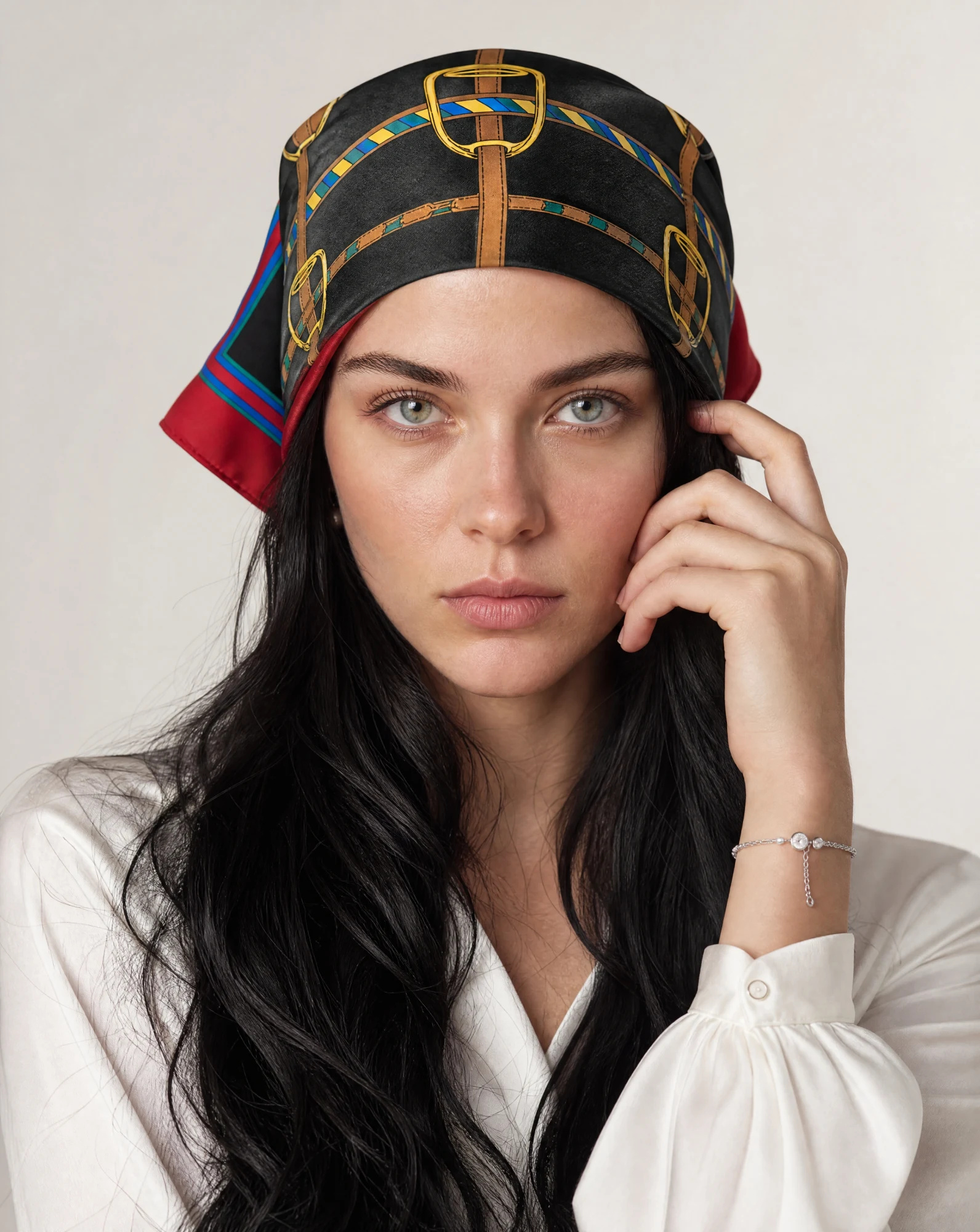The Equestrian Stirrup Heritage Silk Scarf — Crimson Red Navy & Gold Equestrian Prin — accessories — VAUDRE numbered luxury — view 2