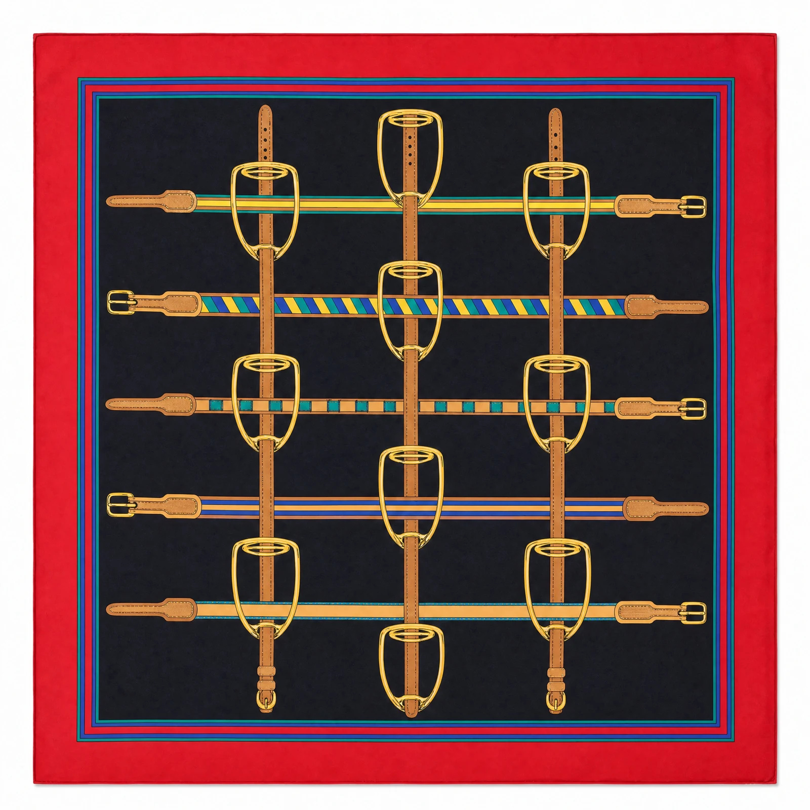 The Equestrian Stirrup Heritage Silk Scarf — Crimson Red Navy & Gold Equestrian Prin — accessories — VAUDRE numbered luxury