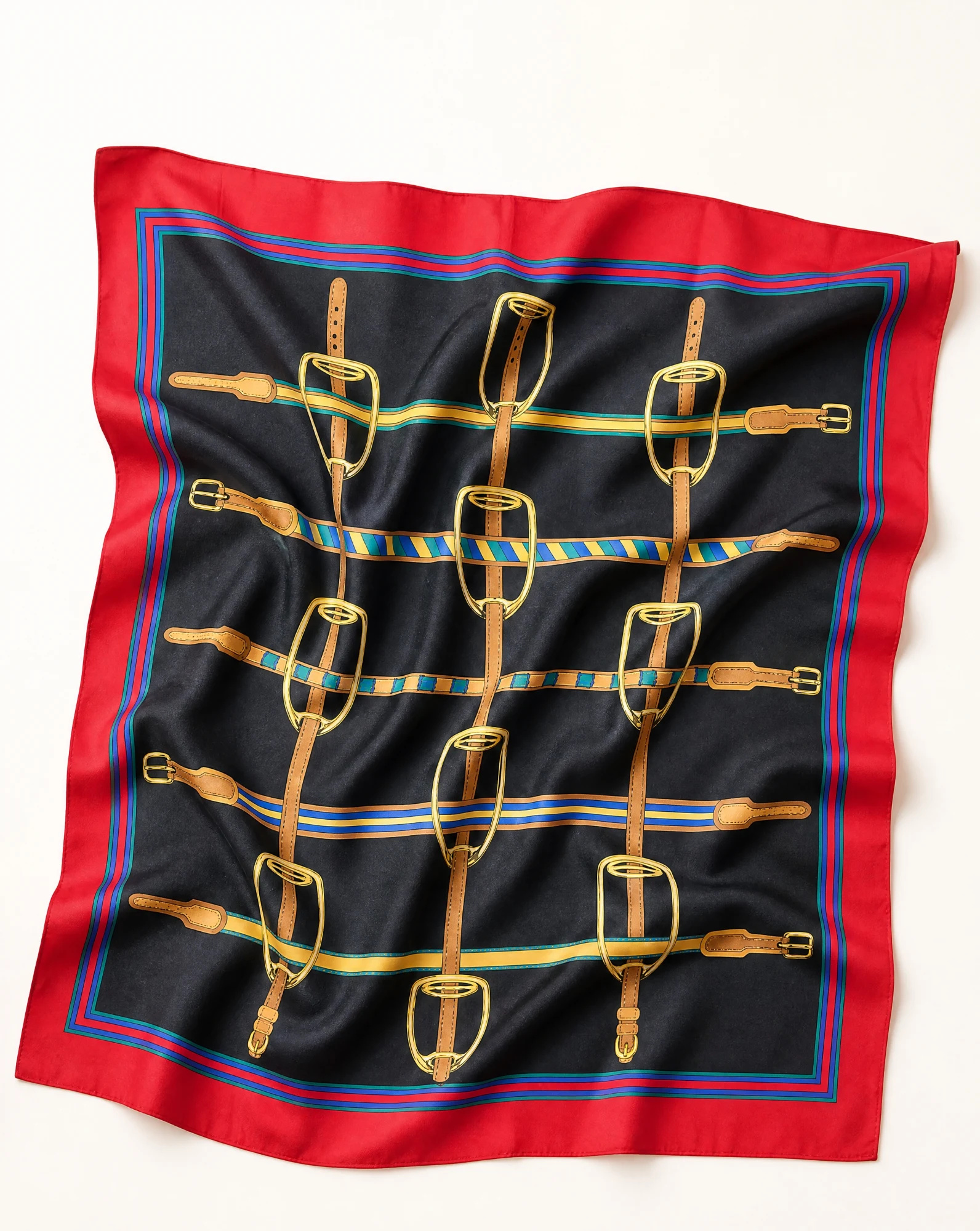 The Equestrian Stirrup Heritage Silk Scarf — Crimson Red Navy & Gold Equestrian Prin — accessories — VAUDRE numbered luxury — view 4