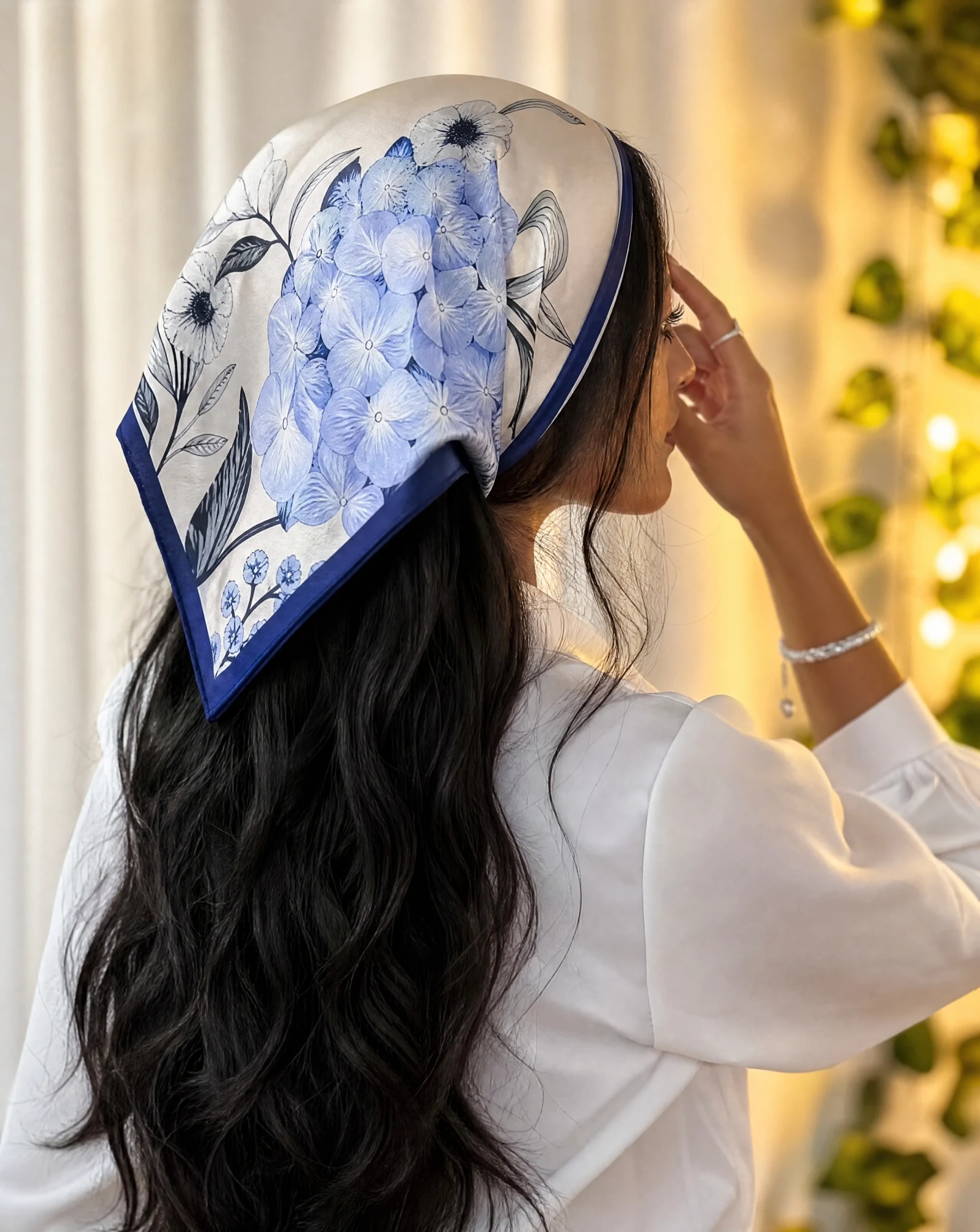 The Hydrangea Bloom Silk Scarf — Powder Blue Ivory & Sage Hydrangea Flor — accessories — VAUDRE numbered luxury — view 2