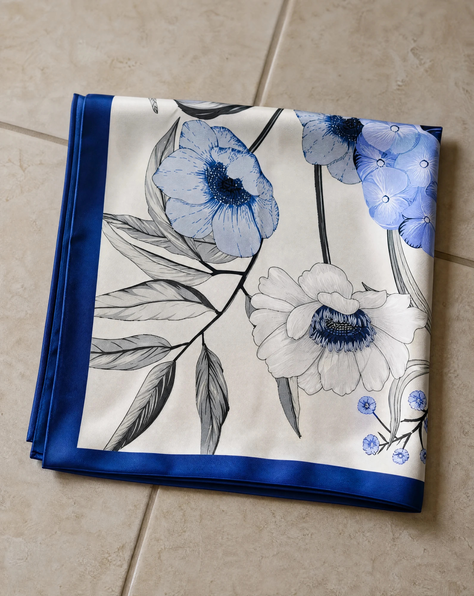 The Hydrangea Bloom Silk Scarf — Powder Blue Ivory & Sage Hydrangea Flor — accessories — VAUDRE numbered luxury — view 4