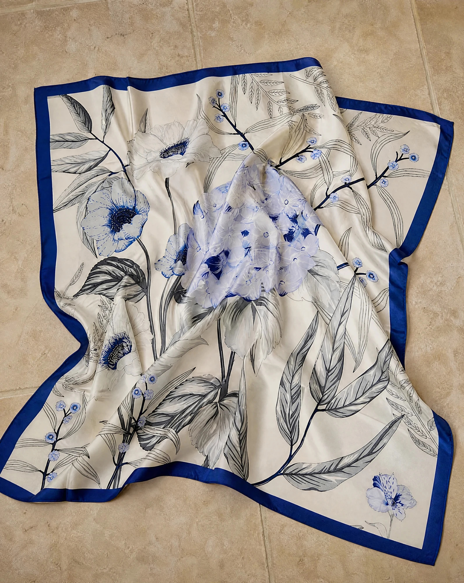 The Hydrangea Bloom Silk Scarf — Powder Blue Ivory & Sage Hydrangea Flor — accessories — VAUDRE numbered luxury — view 5