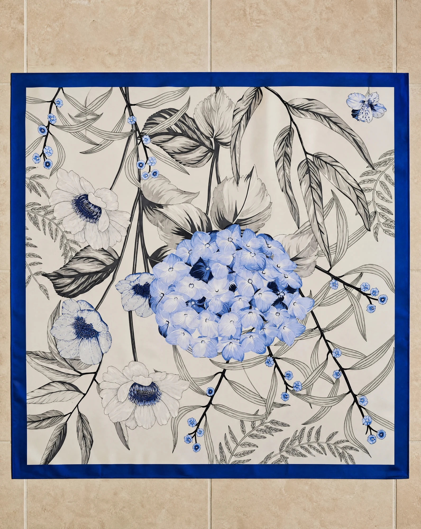 The Hydrangea Bloom Silk Scarf — Powder Blue Ivory & Sage Hydrangea Flor — accessories — VAUDRE numbered luxury