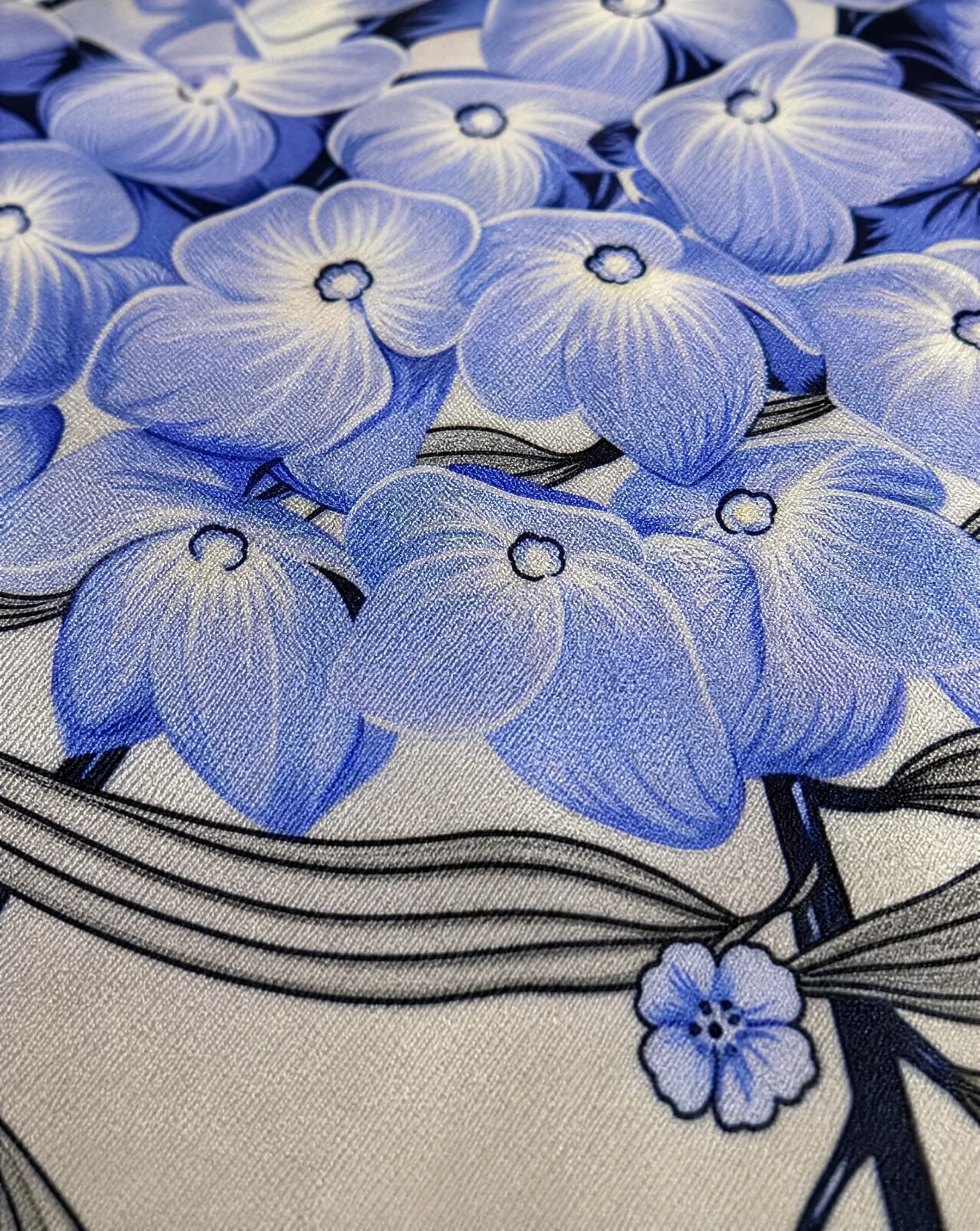 The Hydrangea Bloom Silk Scarf — Powder Blue Ivory & Sage Hydrangea Flor — accessories — VAUDRE numbered luxury — view 6